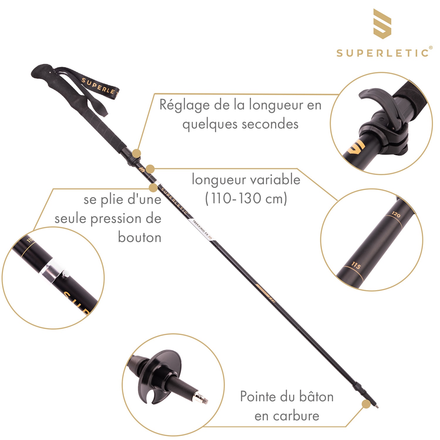 Burgos TX Elite, bâtons de trekking, 100% de carbone, 100 à 130 cm 