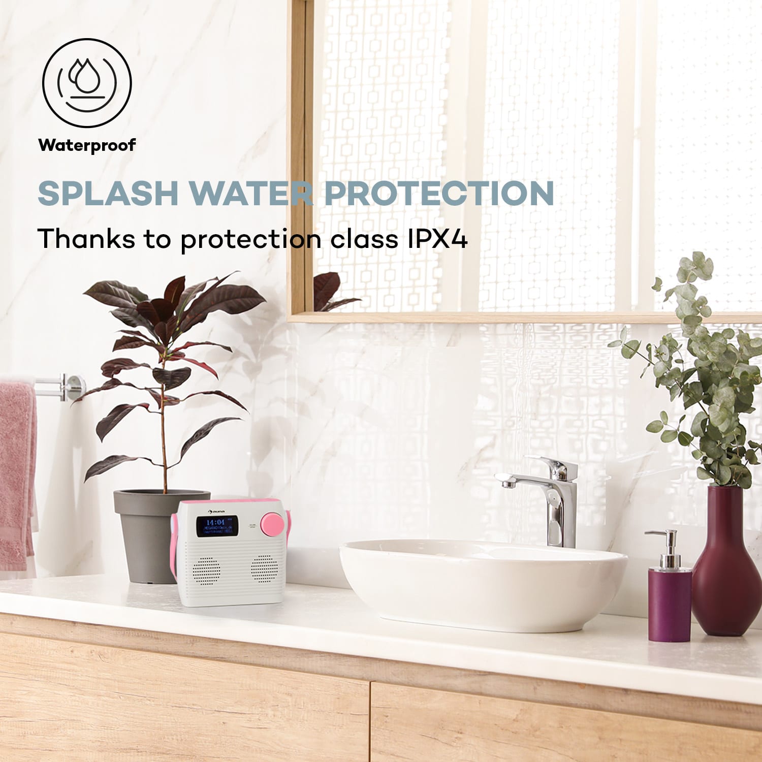 Splash, rádio ve sprše, BT, DAB+/UKW, IPX4, USB-Port, konektor pro sluchátka, USB-C, baterie
