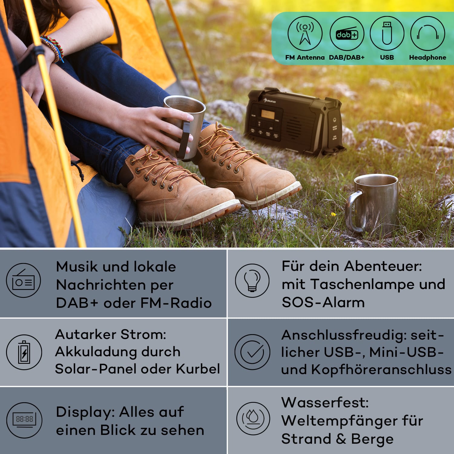 Patagonia DAB+ Outdoor-Radio DAB / DAB+ / FM Kurbelaufladung USB   SOS-Alarm wasserdicht Schwarz