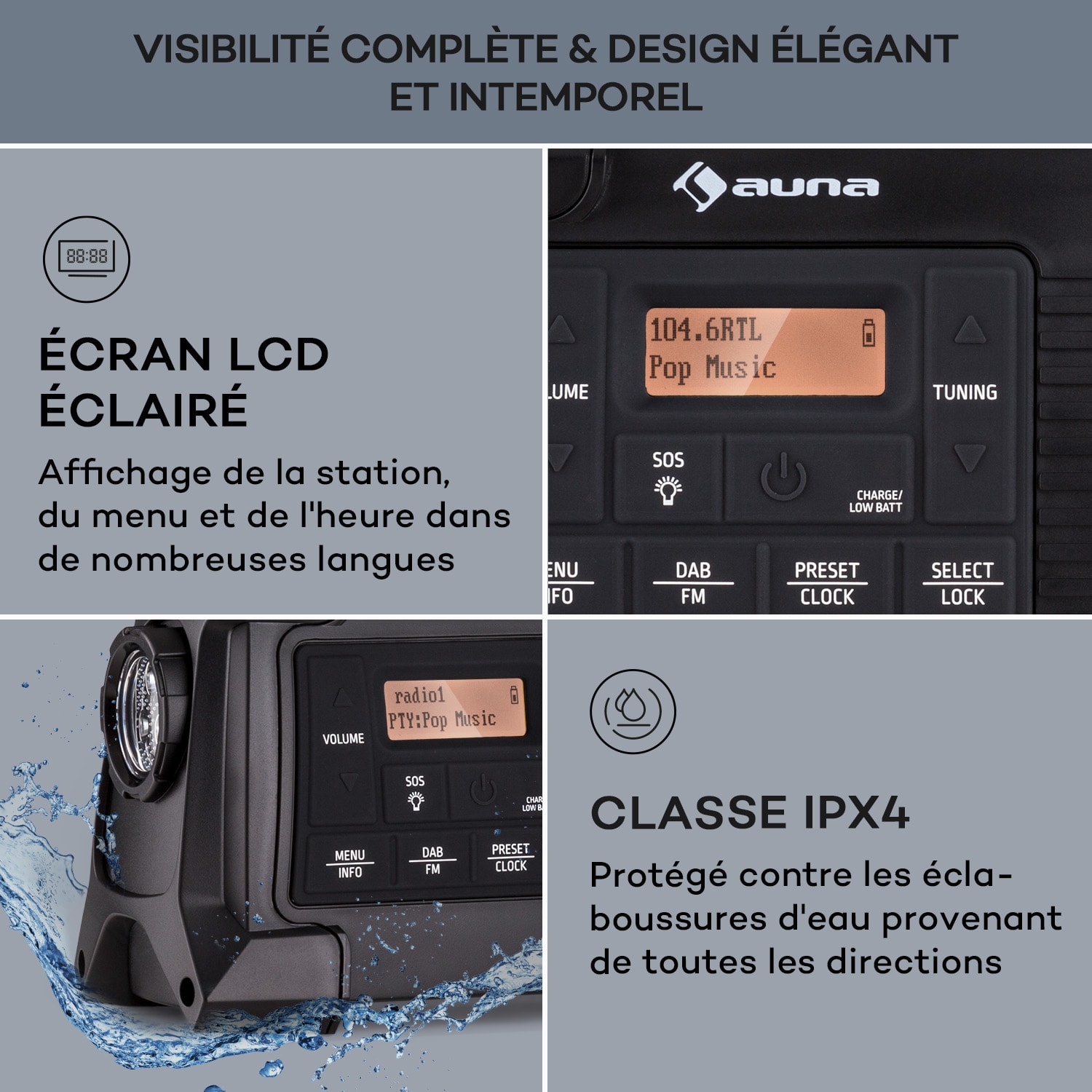 Patagonia DAB+ radio d'extérieur DAB/DAB+/FM recharge par manivelle USB SOS alarme étanche Noir