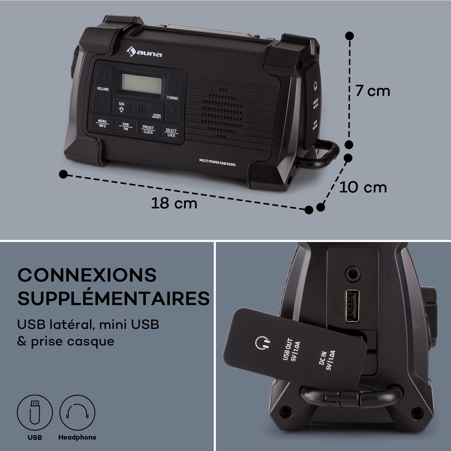 Patagonia DAB+ radio d'extérieur DAB/DAB+/FM recharge par manivelle USB SOS alarme étanche Noir