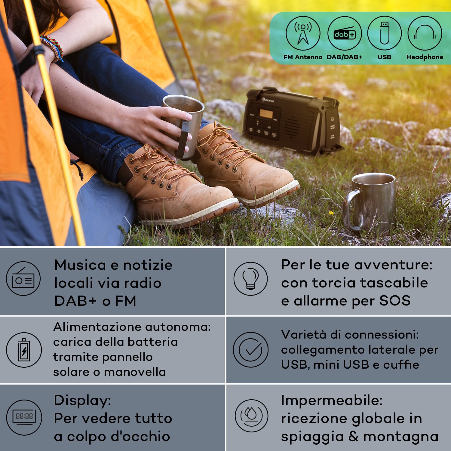 Patagonia DAB+ - Radio outdoor, DAB/DAB+/FM, carica a manovella, USB, allarme SOS, impermeabile Nero