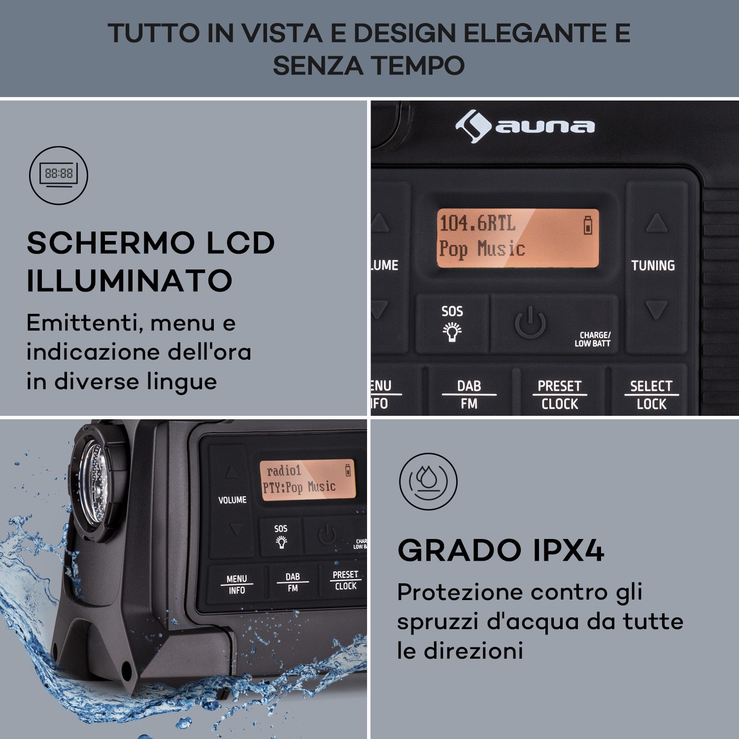 Patagonia DAB+ - Radio outdoor, DAB/DAB+/FM, carica a manovella, USB, allarme SOS, impermeabile Nero
