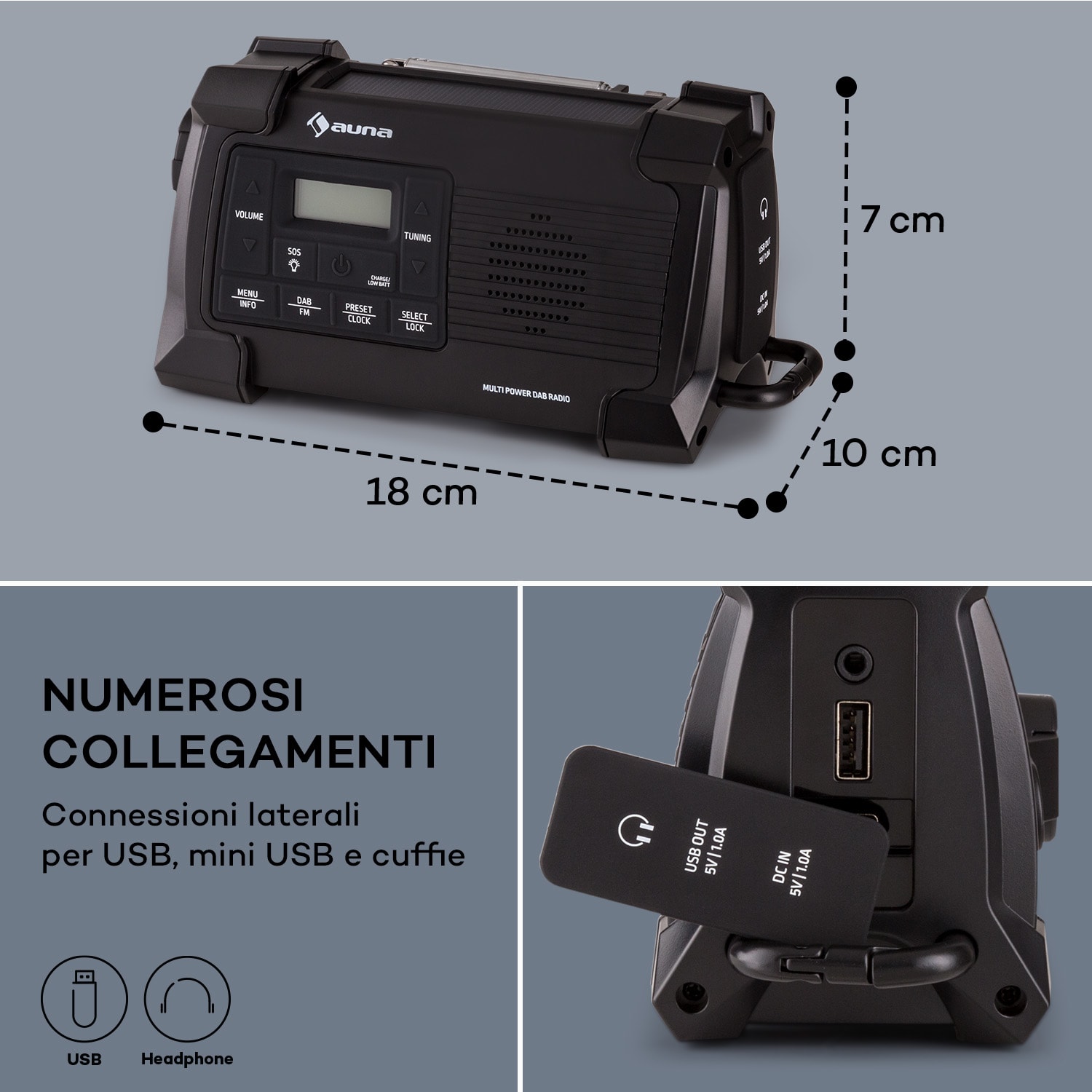 Patagonia DAB+ - Radio outdoor, DAB/DAB+/FM, carica a manovella, USB, allarme SOS, impermeabile Nero