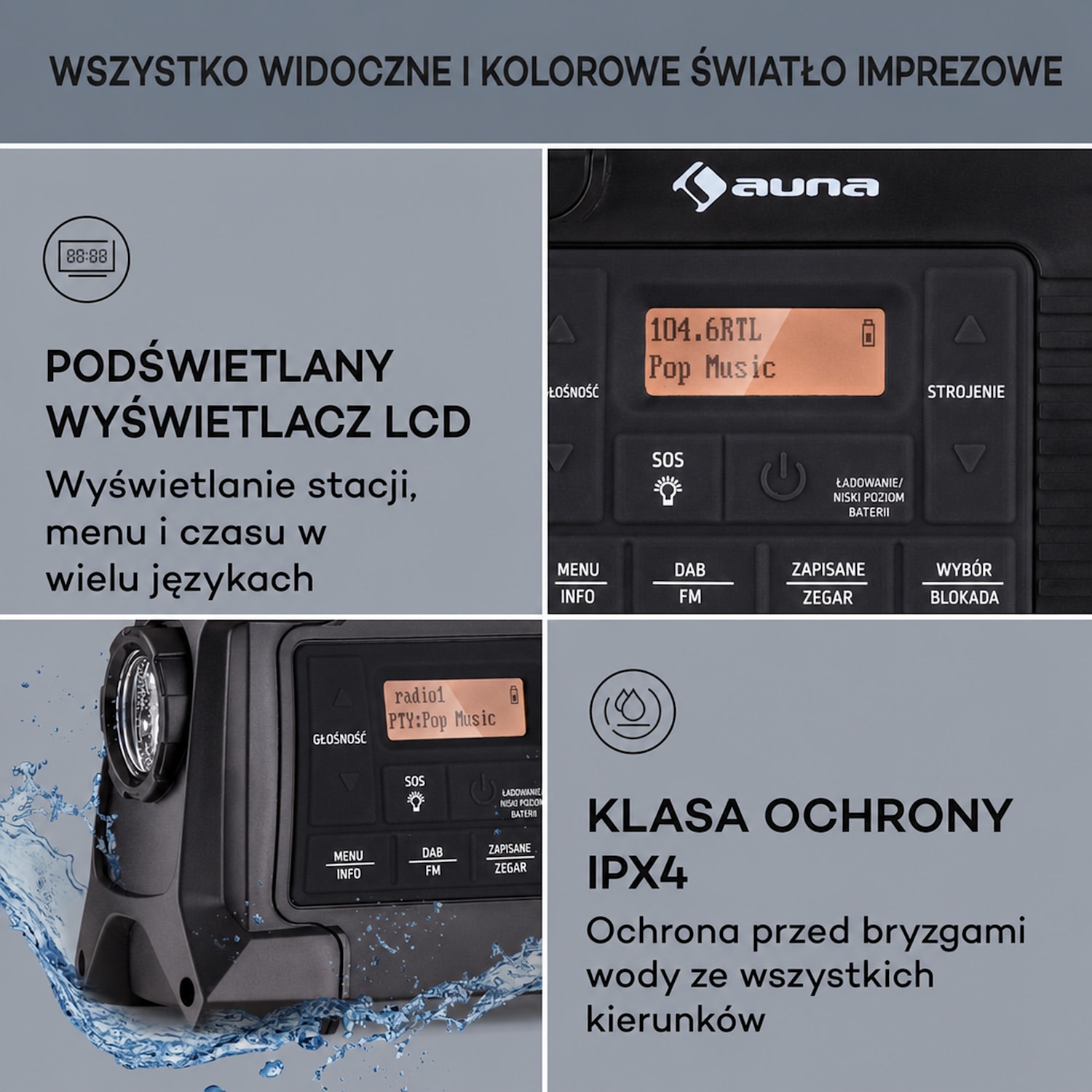 Patagonia DAB+, radio outdoorowe, DAB/DAB+/FM, uchwyt ładujący, USB, SOS alarm, wodoszczelne Czarny