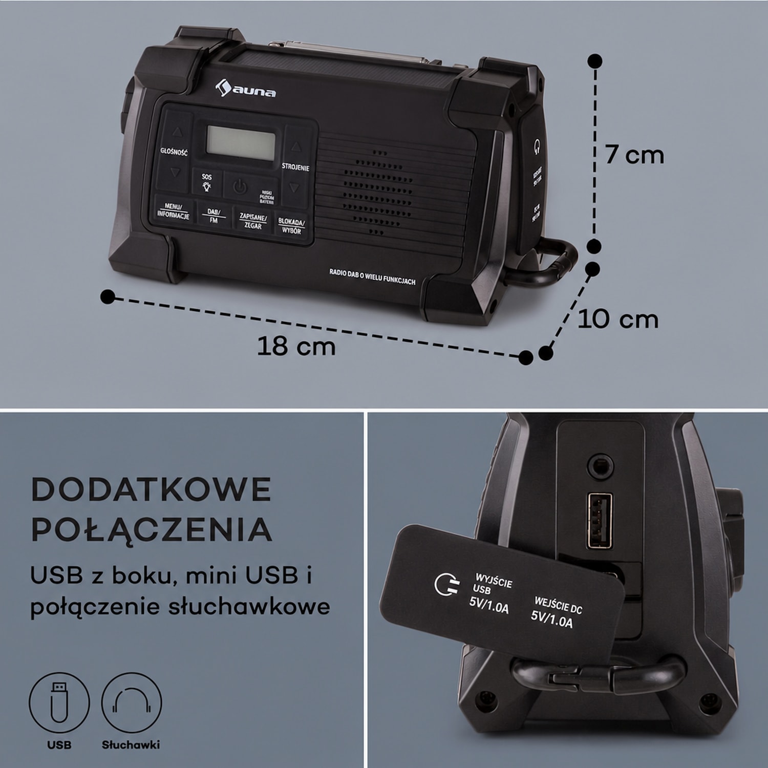 Patagonia DAB+, radio outdoorowe, DAB/DAB+/FM, uchwyt ładujący, USB, SOS alarm, wodoszczelne Czarny