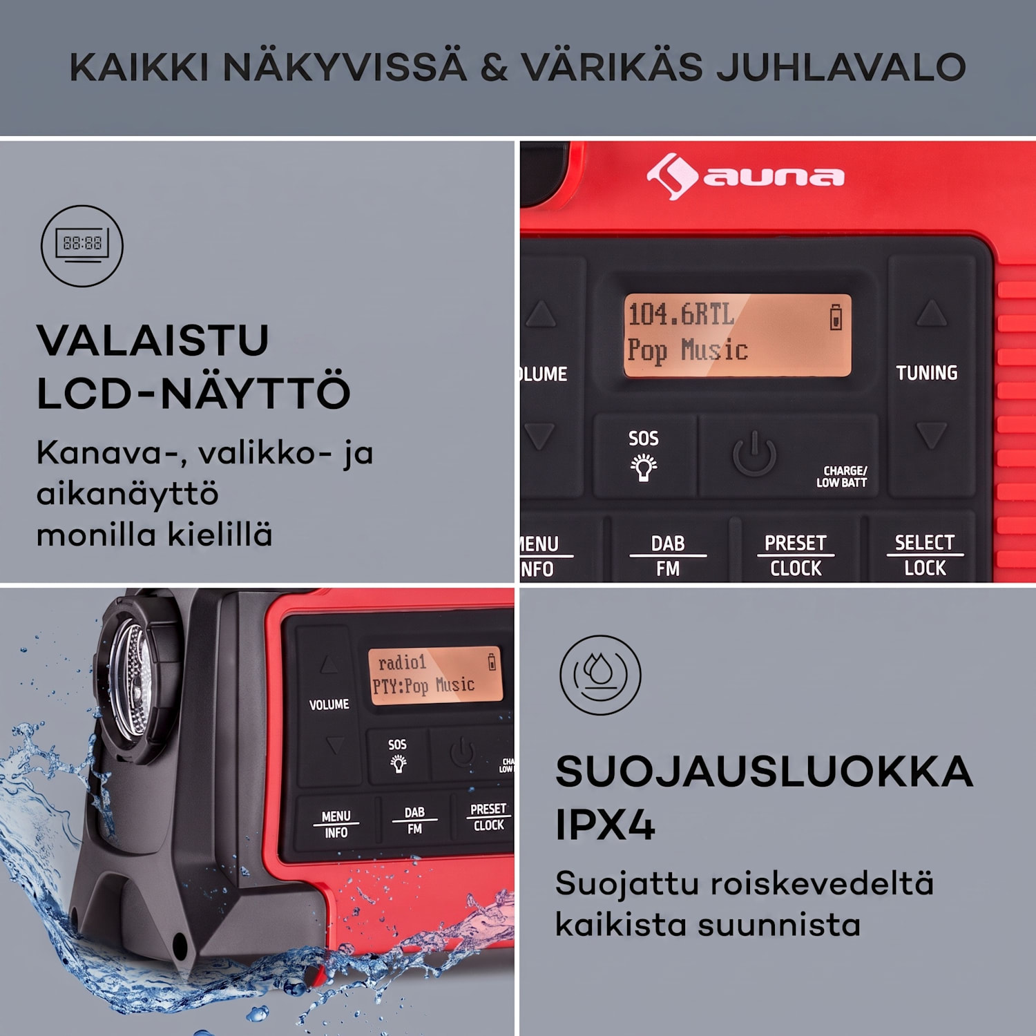 Patagonia DAB+ ulkoradio DAB/DAB+/FM kampilataus USB SOS-hälytys vesitiivis Punainen