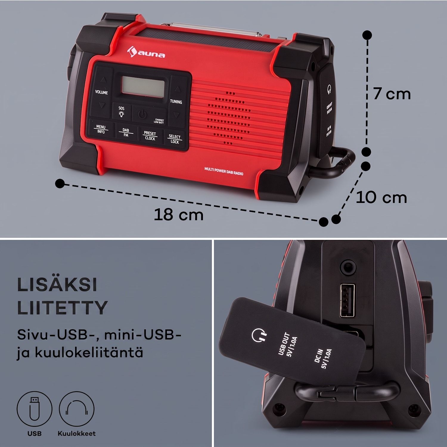 Patagonia DAB+ ulkoradio DAB/DAB+/FM kampilataus USB SOS-hälytys vesitiivis Punainen