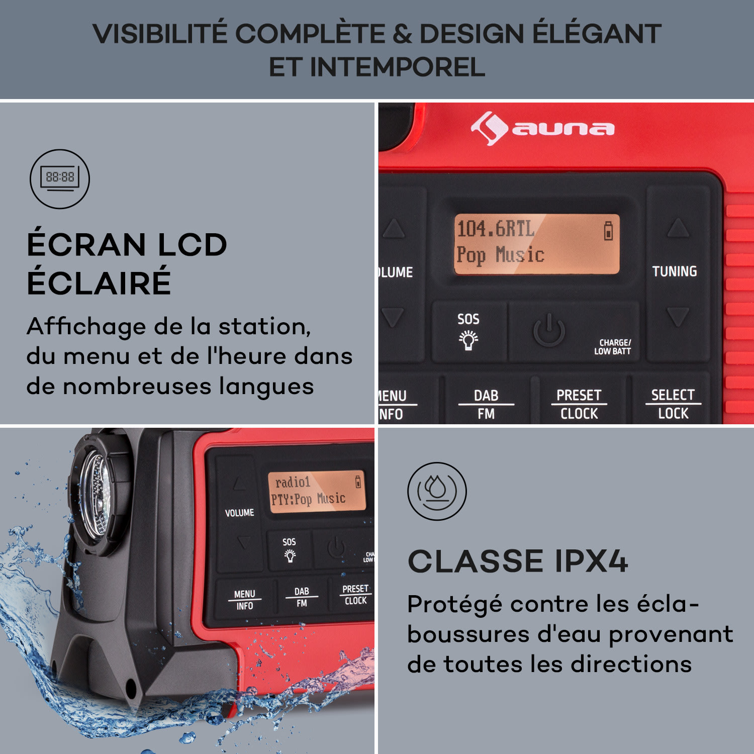 Patagonia DAB+ radio d'extérieur DAB/DAB+/FM recharge par manivelle USB SOS alarme étanche Rouge