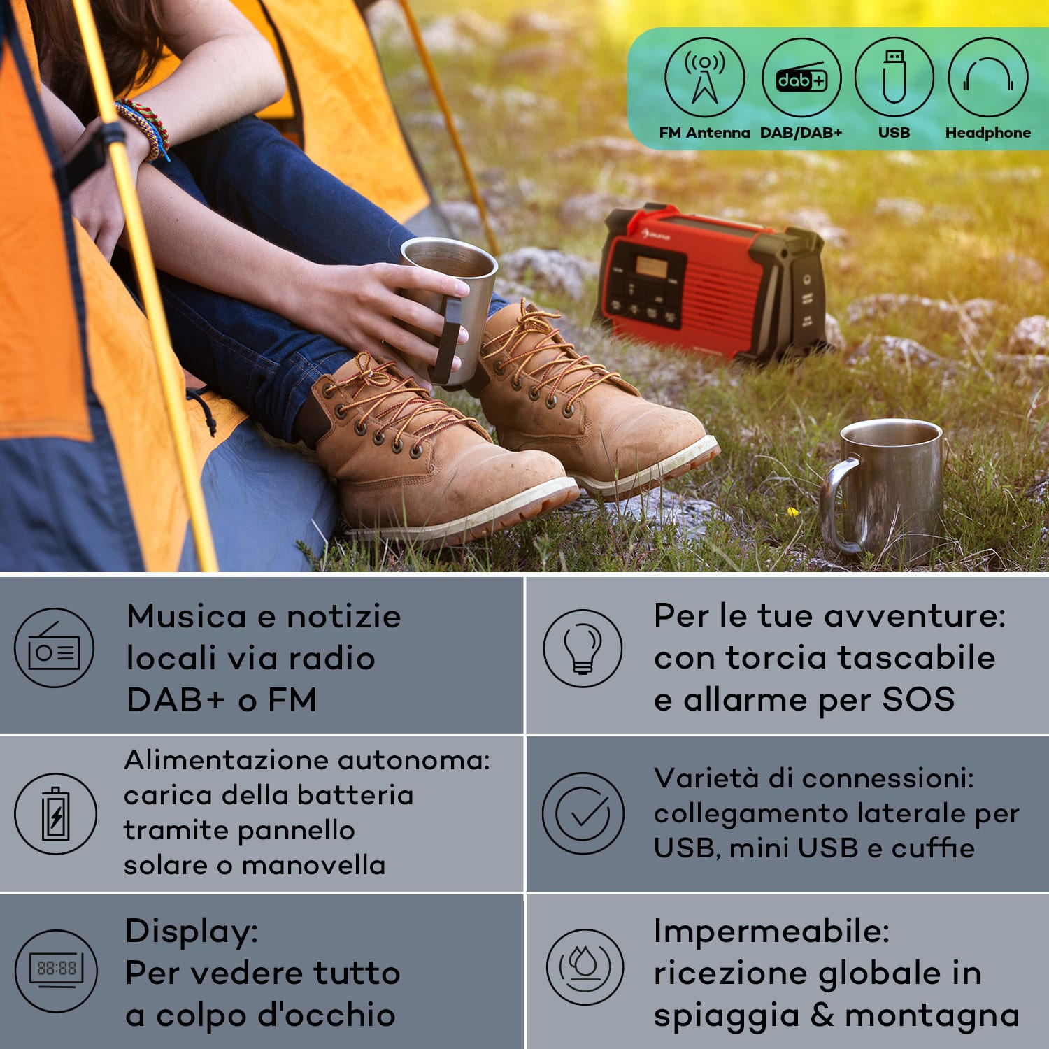 Patagonia DAB+ - Radio outdoor, DAB/DAB+/FM, carica a manovella, USB, allarme SOS, impermeabile 