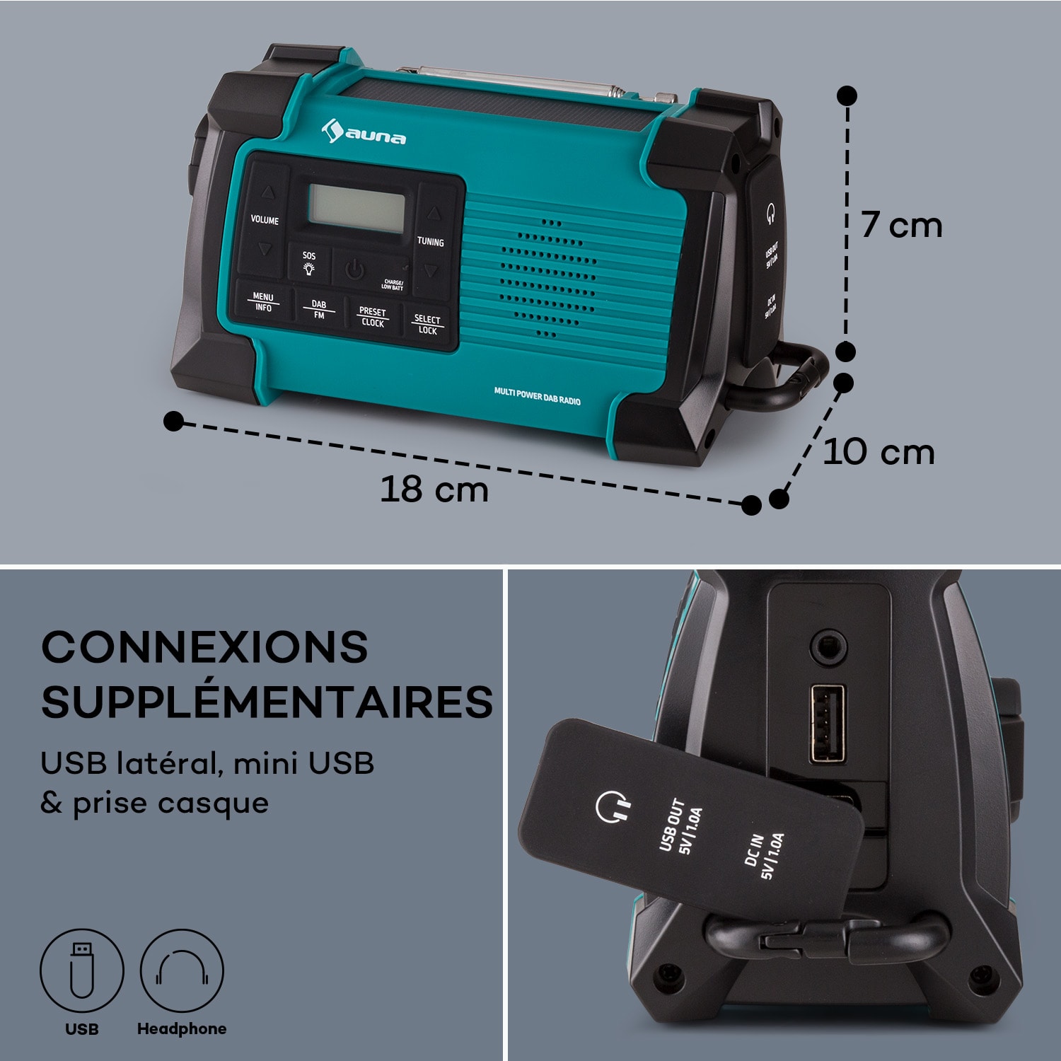 Patagonia DAB+ radio d'extérieur DAB/DAB+/FM recharge par manivelle USB SOS alarme étanche