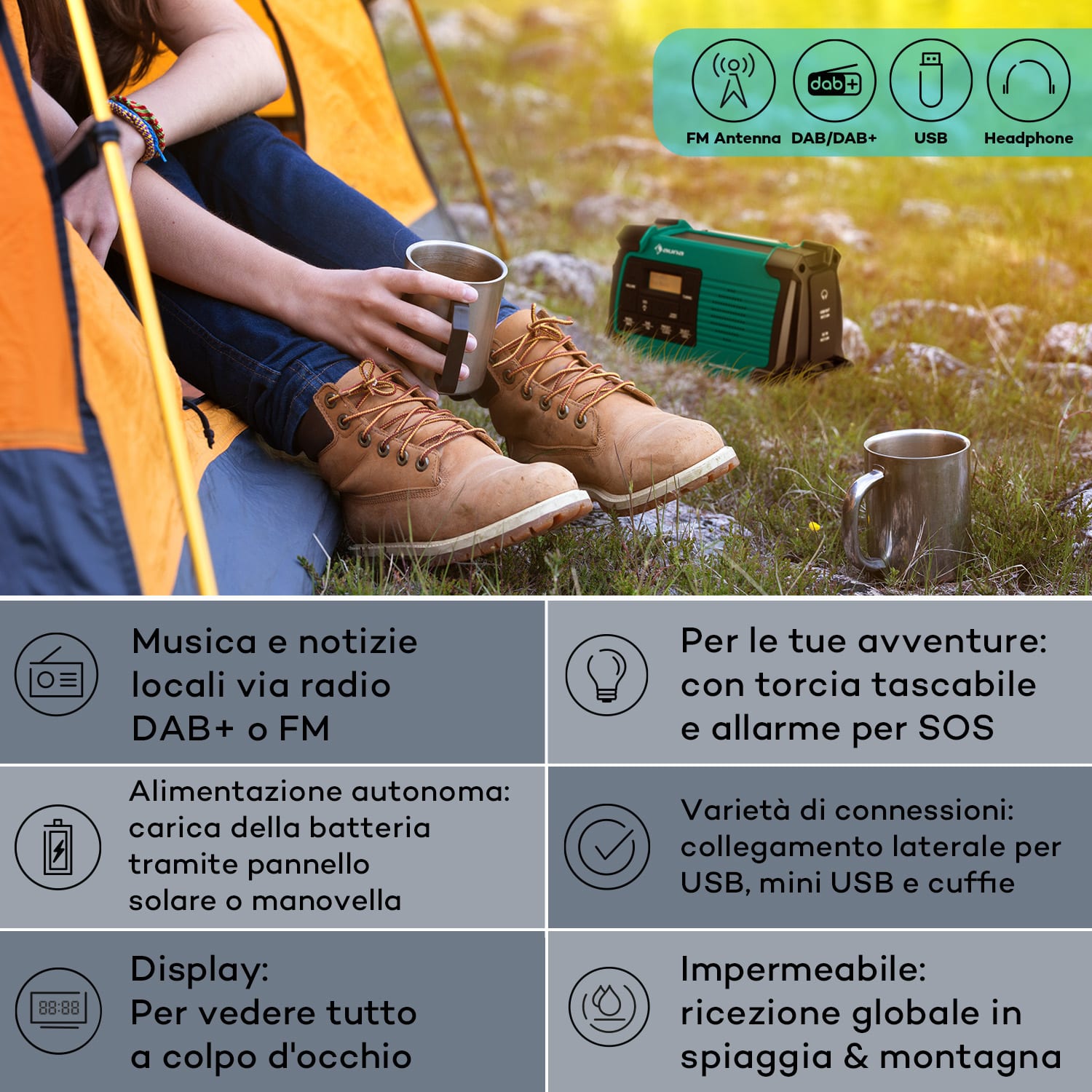 Patagonia DAB+ - Radio outdoor, DAB/DAB+/FM, carica a manovella, USB, allarme SOS, impermeabile Verde