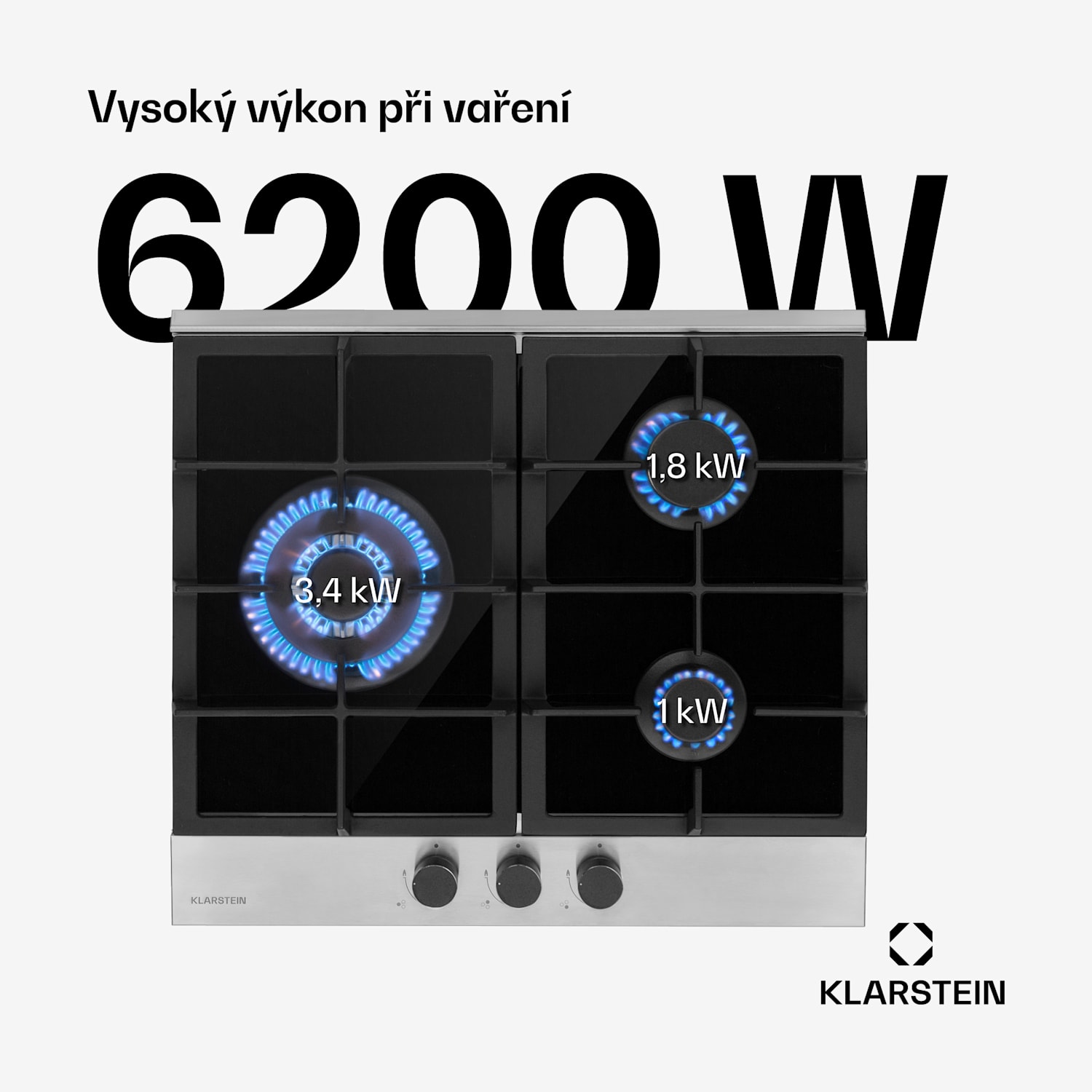 Alchemist, plynová varná deska, 3 hliníkové hořáky, sklokeramika, černá 60 cm | 3 hořák | Stříbrná