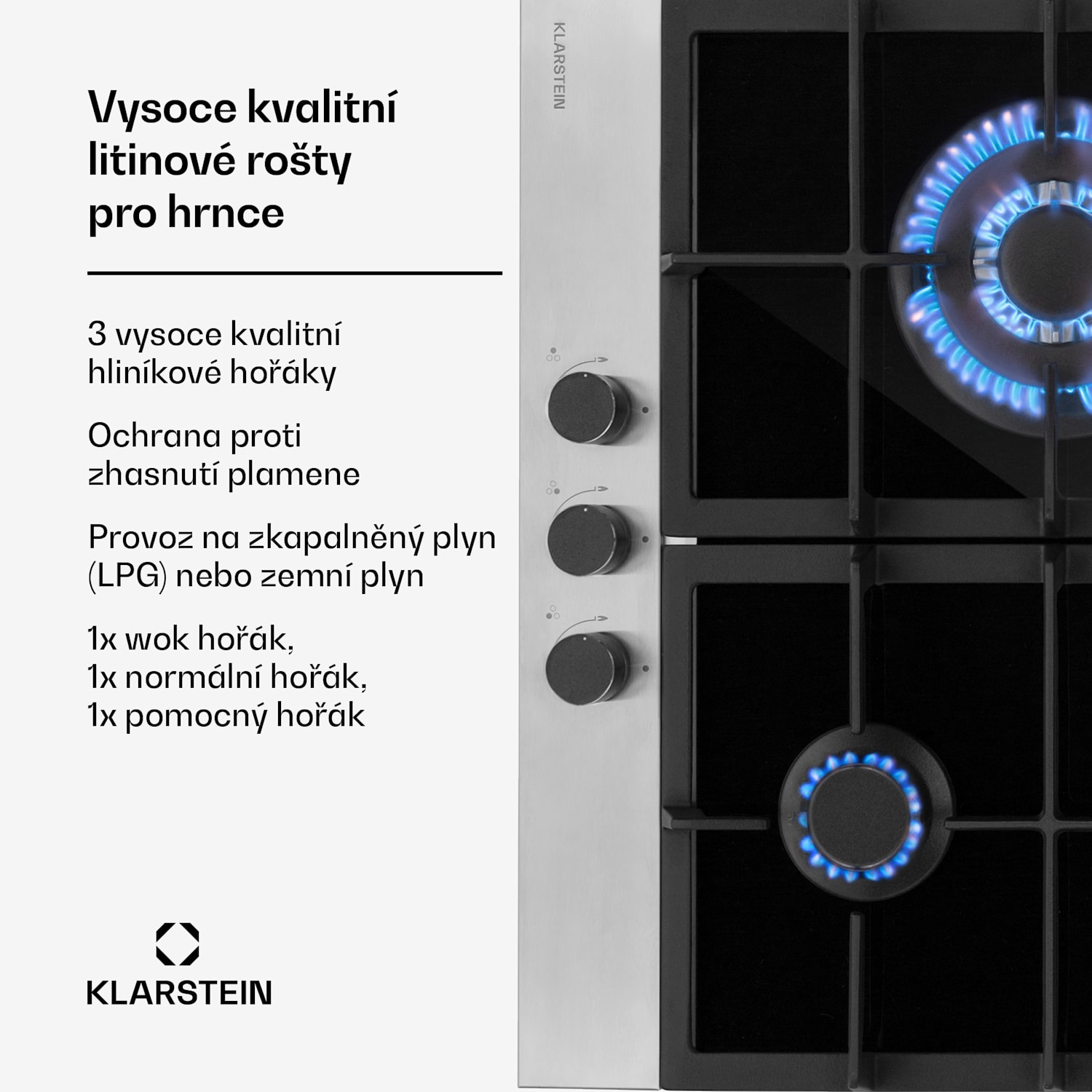 Alchemist, plynová varná deska, 3 hliníkové hořáky, sklokeramika, černá 60 cm | 3 hořák | Stříbrná