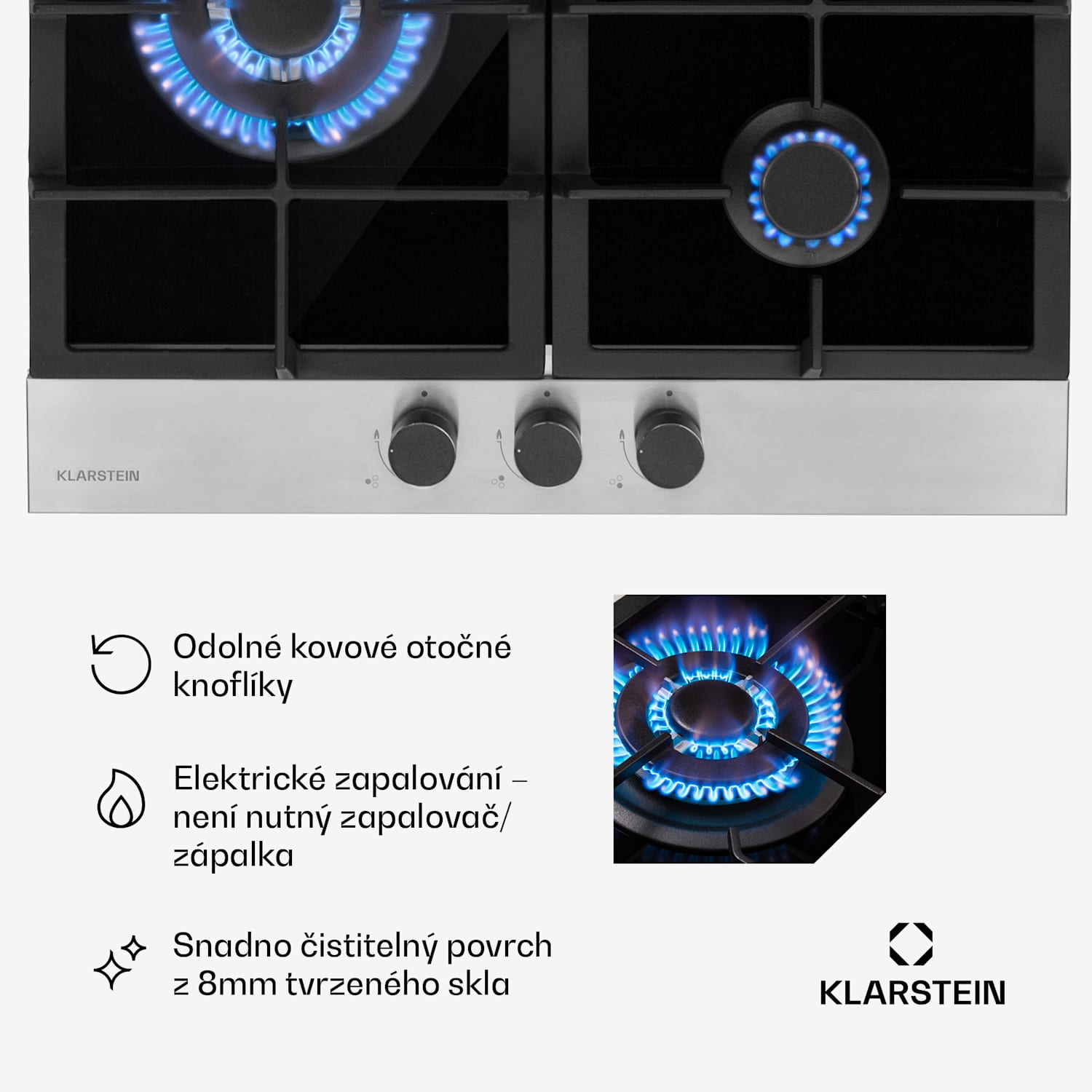 Alchemist, plynová varná deska, 3 hliníkové hořáky, sklokeramika, černá 60 cm | 3 hořák | Stříbrná