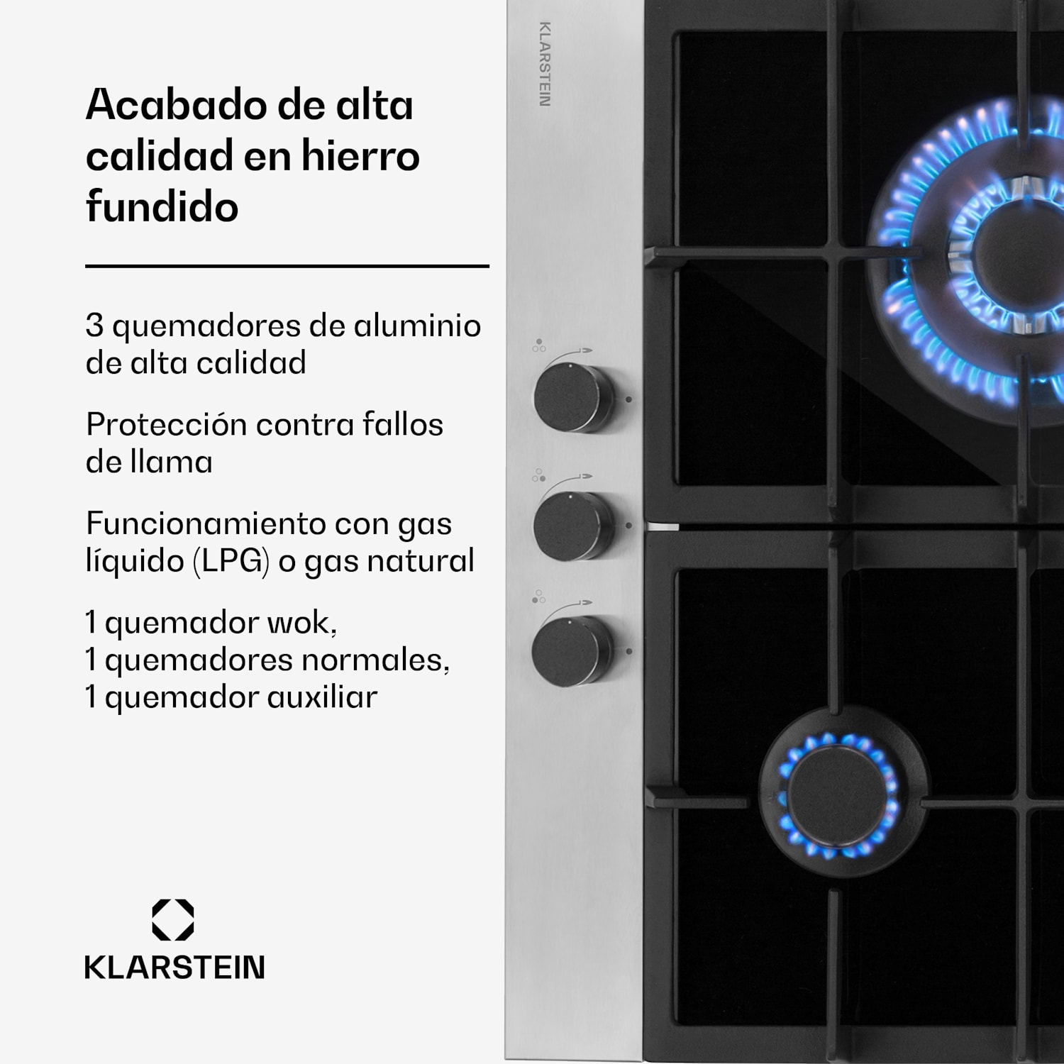 Placa de gas Alchemist 3 con 3 quemadores de aluminio y vitrocerámica 60 cm | 3 quemador | Plata
