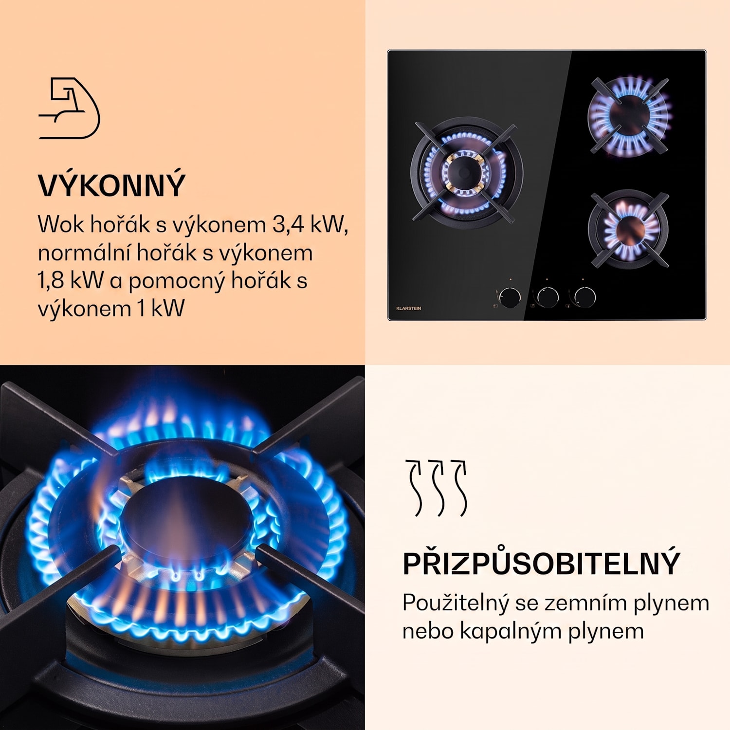 Goldflame 3, plynová varná deska, 2 hořáky Messing, sklokeramika 60 cm | 3 hořák | Černá