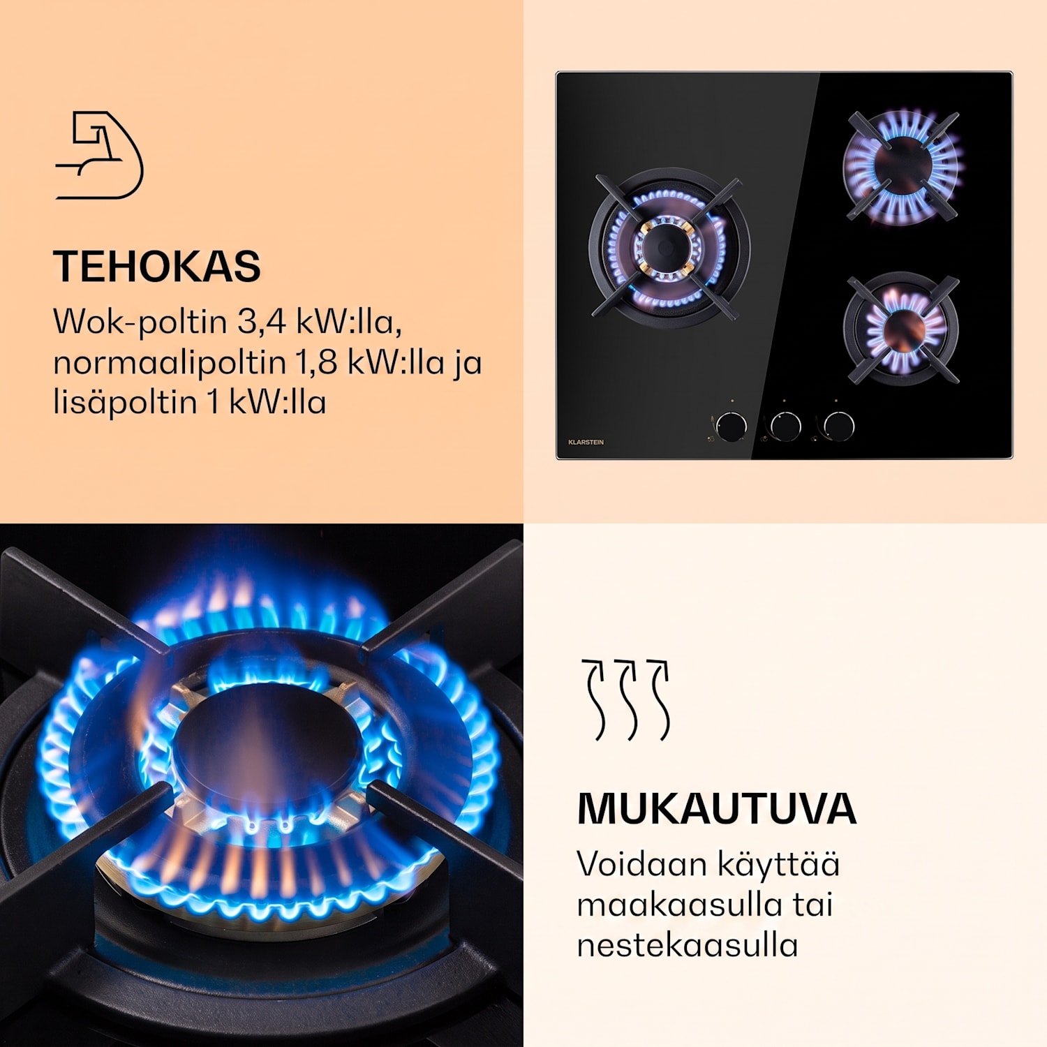 Goldflame 3 kaasuliesi 3 liekkiä messinkipolttimet lasikeramiikkaa 60 cm | 3 poltin | Musta