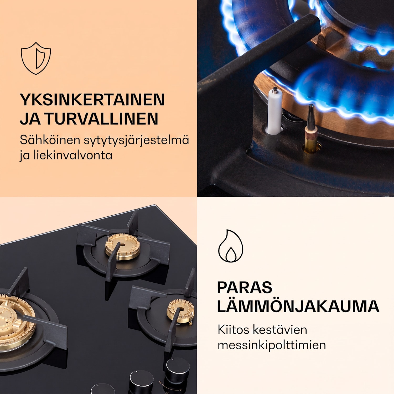 Goldflame 3 kaasuliesi 3 liekkiä messinkipolttimet lasikeramiikkaa 60 cm | 3 poltin | Musta