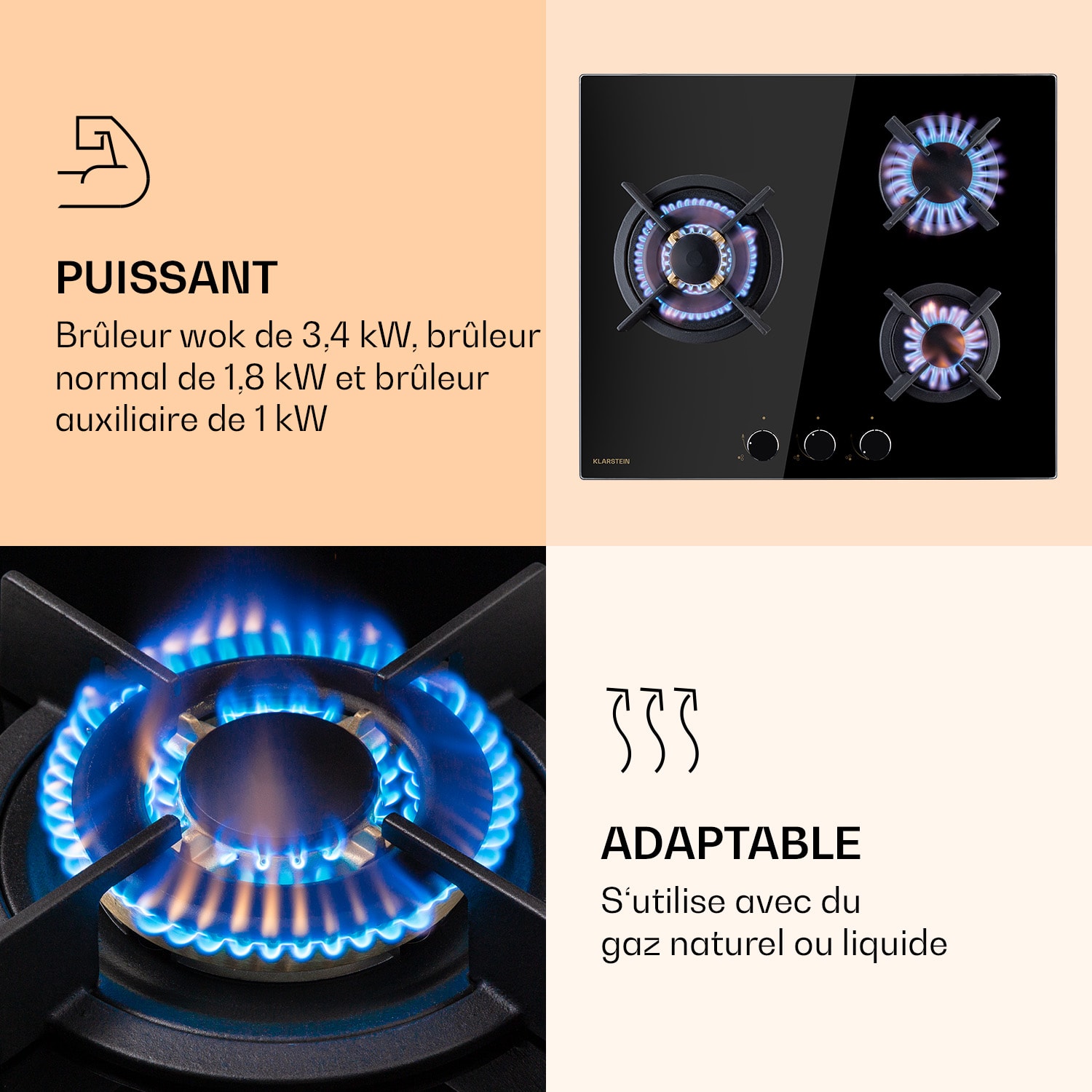 Goldflame 3 gaskookplaat 3 pits messing brander glaskeramiek 60 cm | 3 brander | Zwart