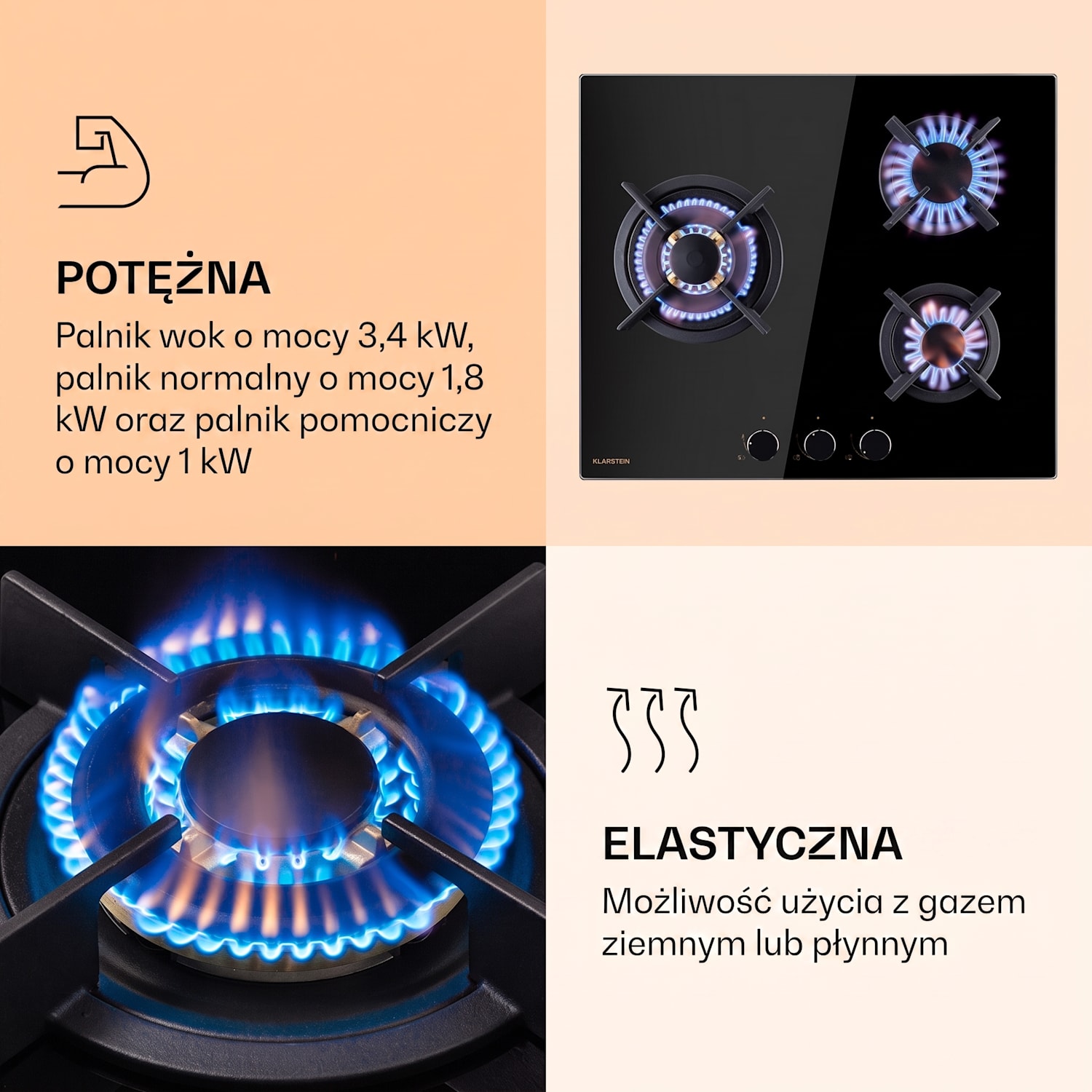 Goldflame 3, płyta gazowa, 3 palniki z mosiądzu, szkło ceramiczne 60 cm | 3 palniki | Czarny