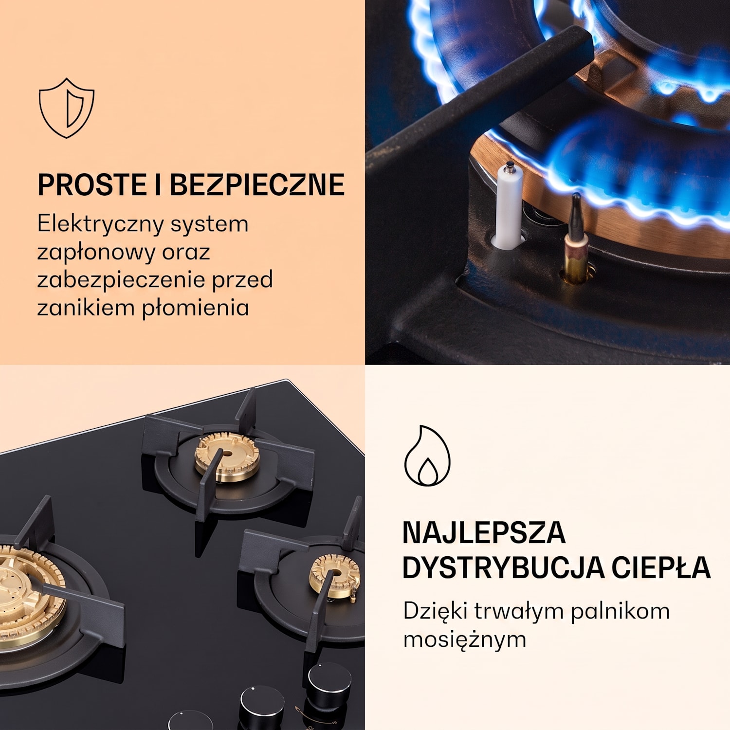 Goldflame 3, płyta gazowa, 3 palniki z mosiądzu, szkło ceramiczne 60 cm | 3 palniki | Czarny