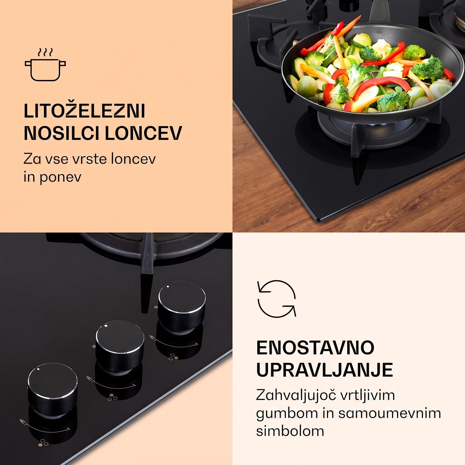 Goldflame 3, plinska kuhalna plošča, 3 gorilniki, gorilniki Messing, steklokeramika 60 cm | 3 gorilnik | Črna