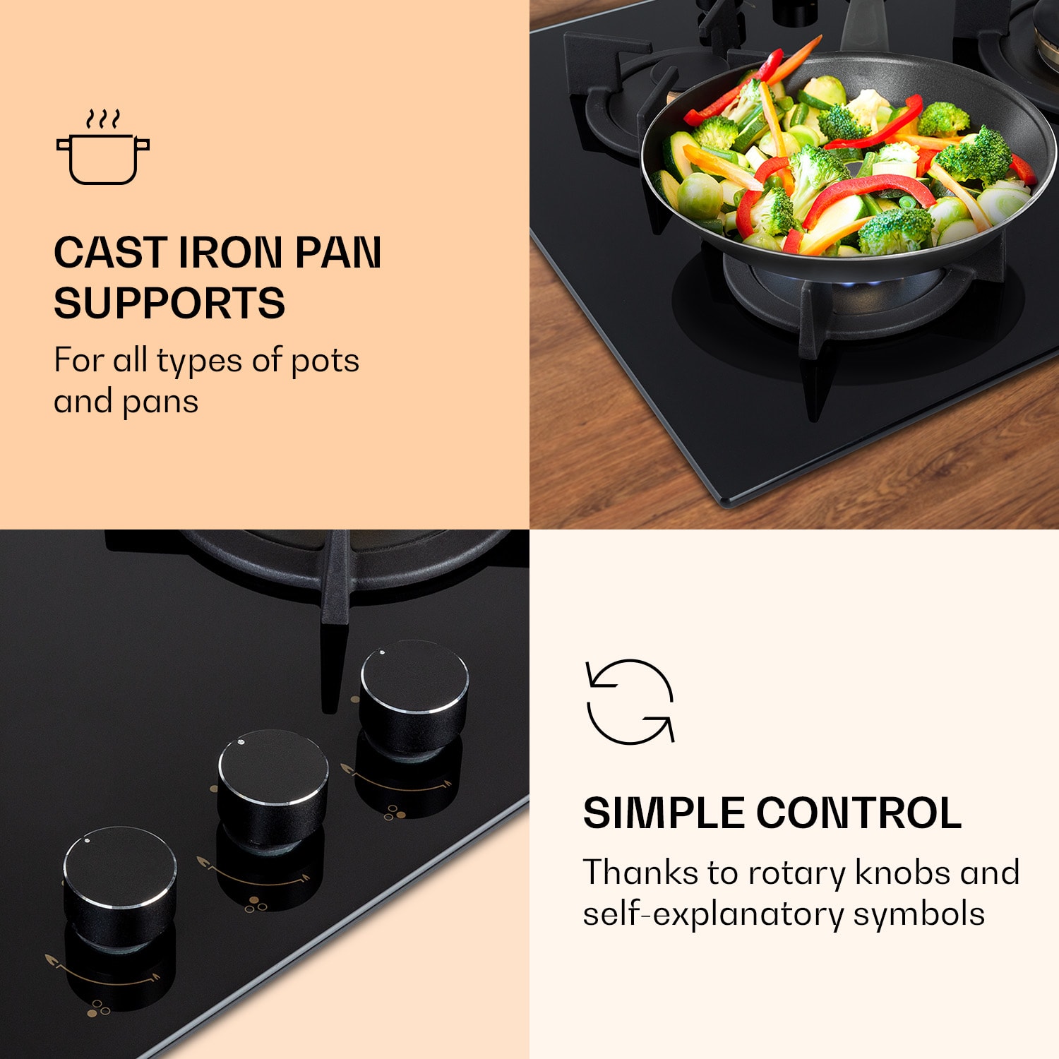 Goldflame 3 gas hob 3-burner brass burner glass ceramic 60 cm | 3 burner | Black