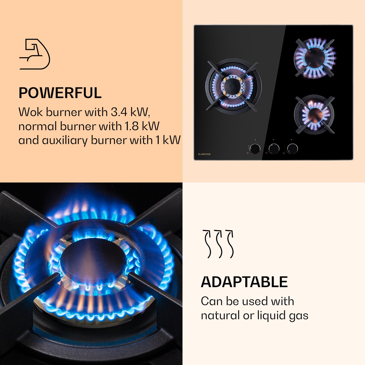 Goldflame 3 Placa de gas 3 quemadores de latón Vitrocerámica 60 cm | 3 quemador | Negro