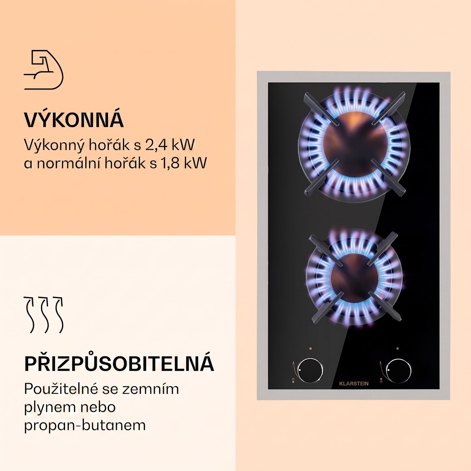 Goldflame 2, plynová varná deska, 2 hořák Messing, sklokeramika 30 cm | Sklo | Černá