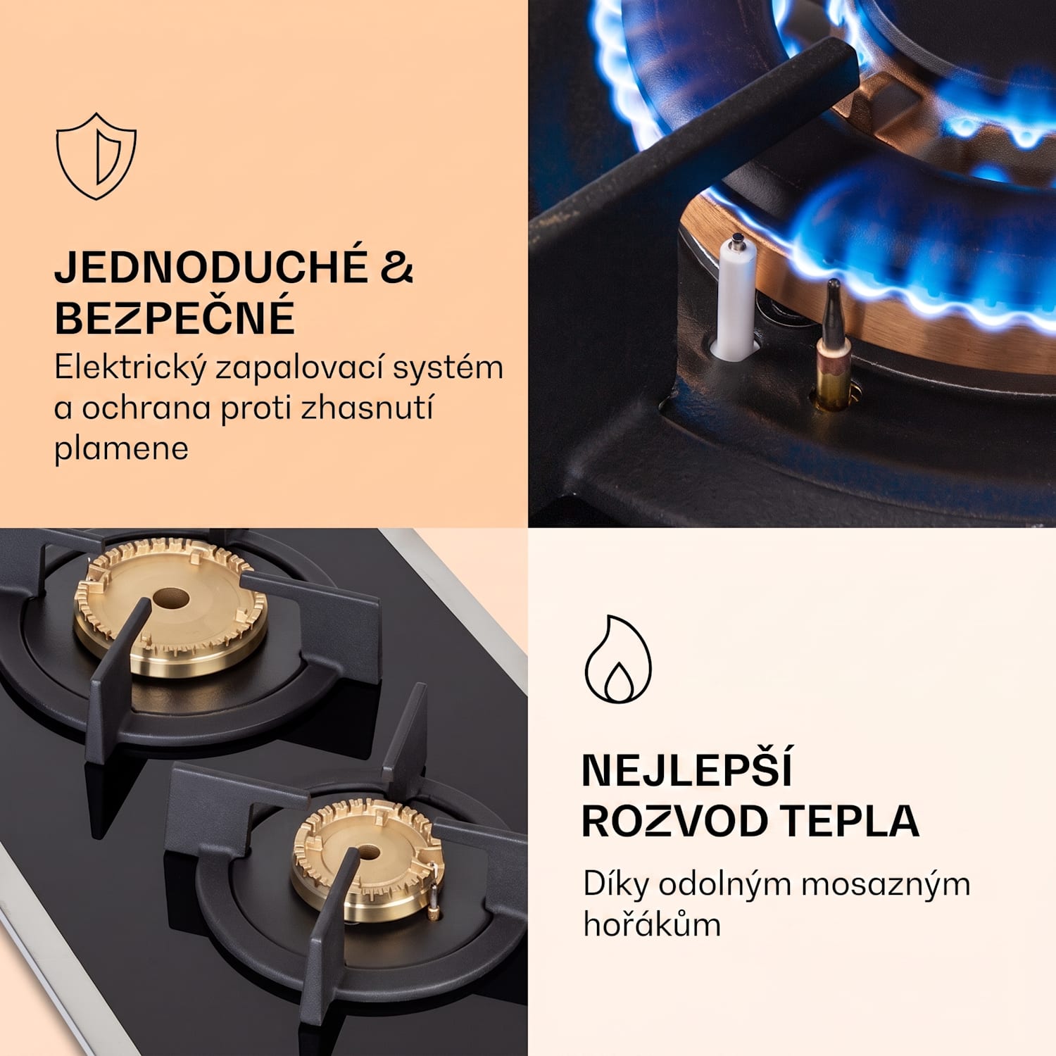 Goldflame 2, plynová varná deska, 2 hořák Messing, sklokeramika 30 cm | Sklo | Černá