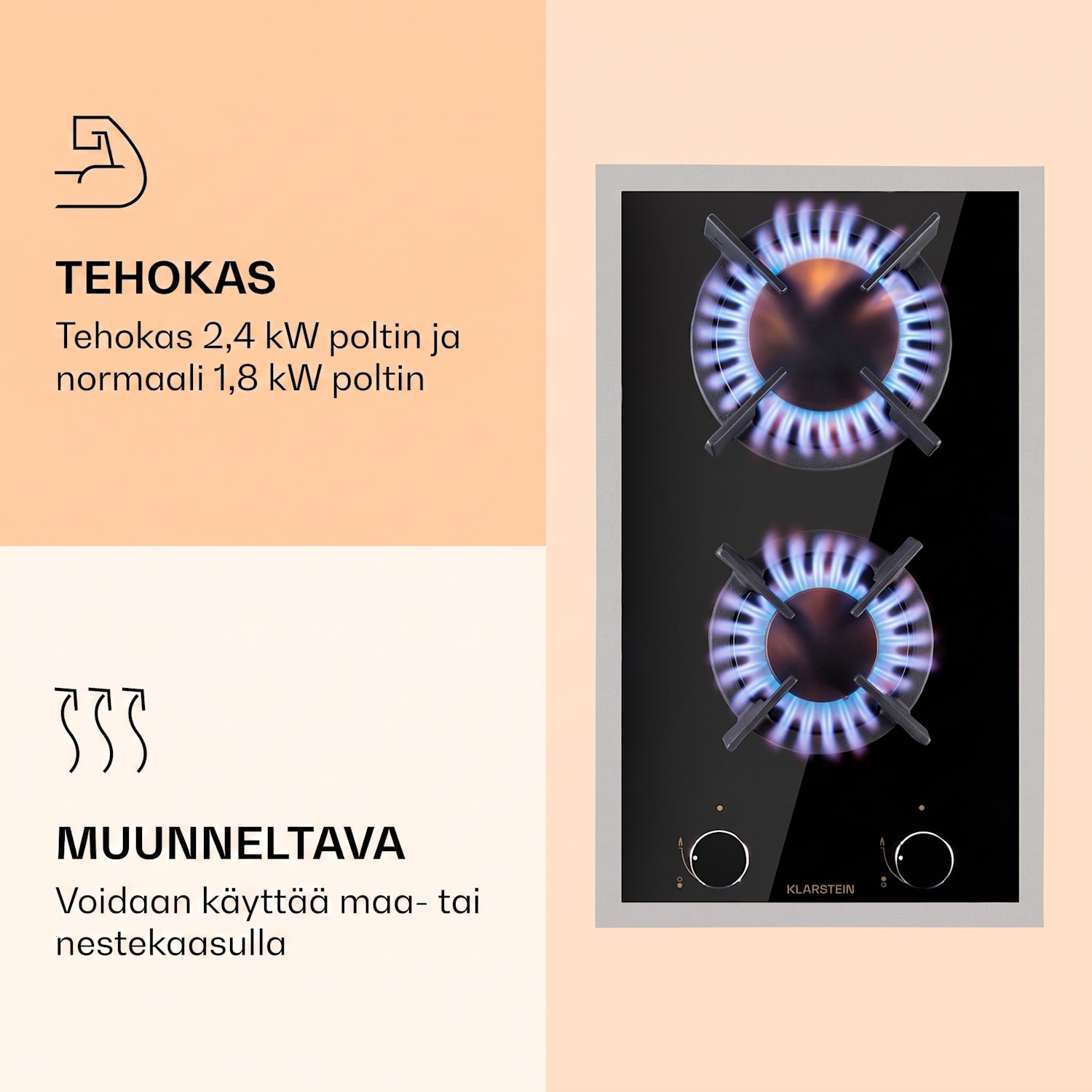 Goldflame Domino Prime -kaasuliesi 2 liekkiä messinkipolttimet lasikeramiikkaa 30 cm | Lasi | Musta