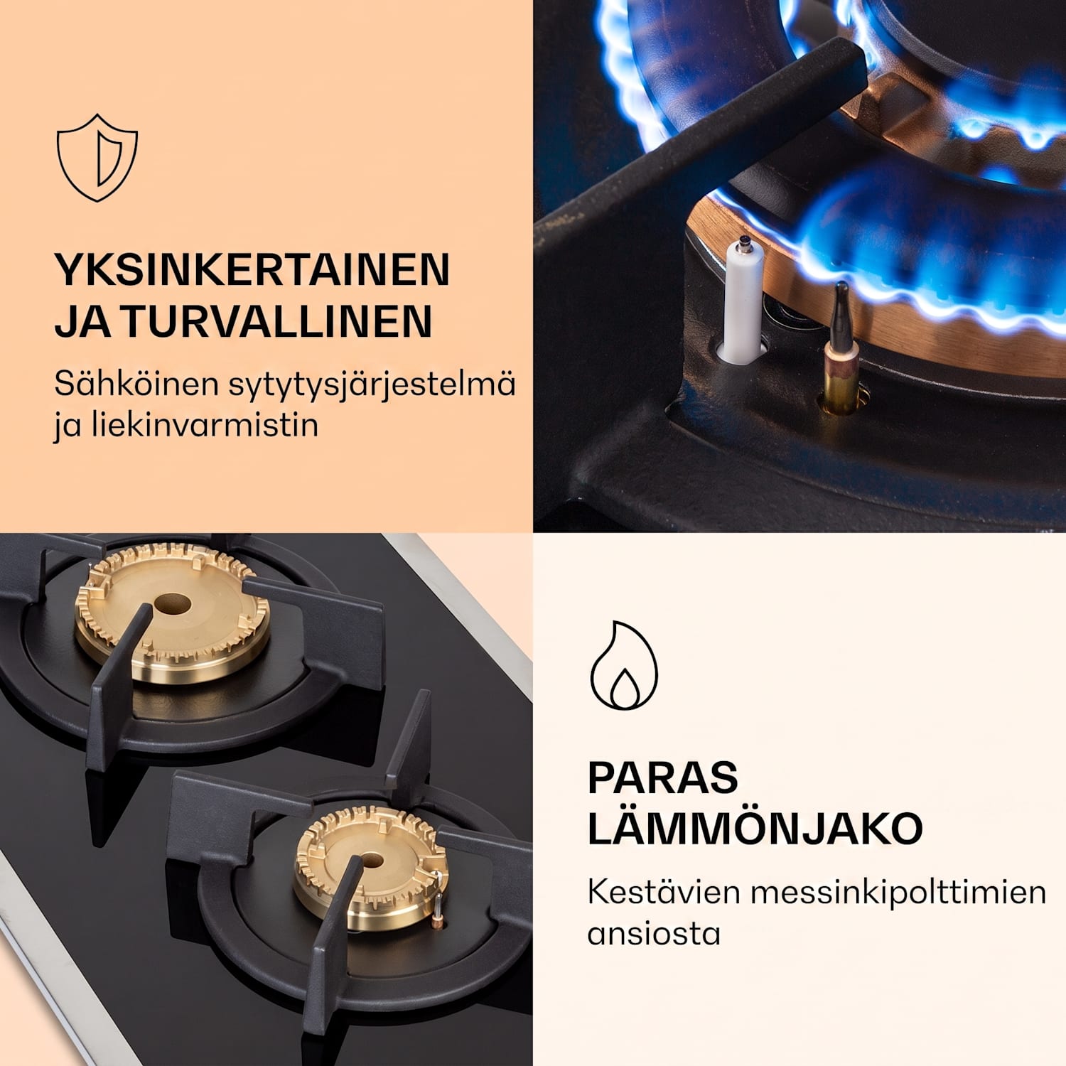 Goldflame Domino Prime -kaasuliesi 2 liekkiä messinkipolttimet lasikeramiikkaa 30 cm | Lasi | Musta