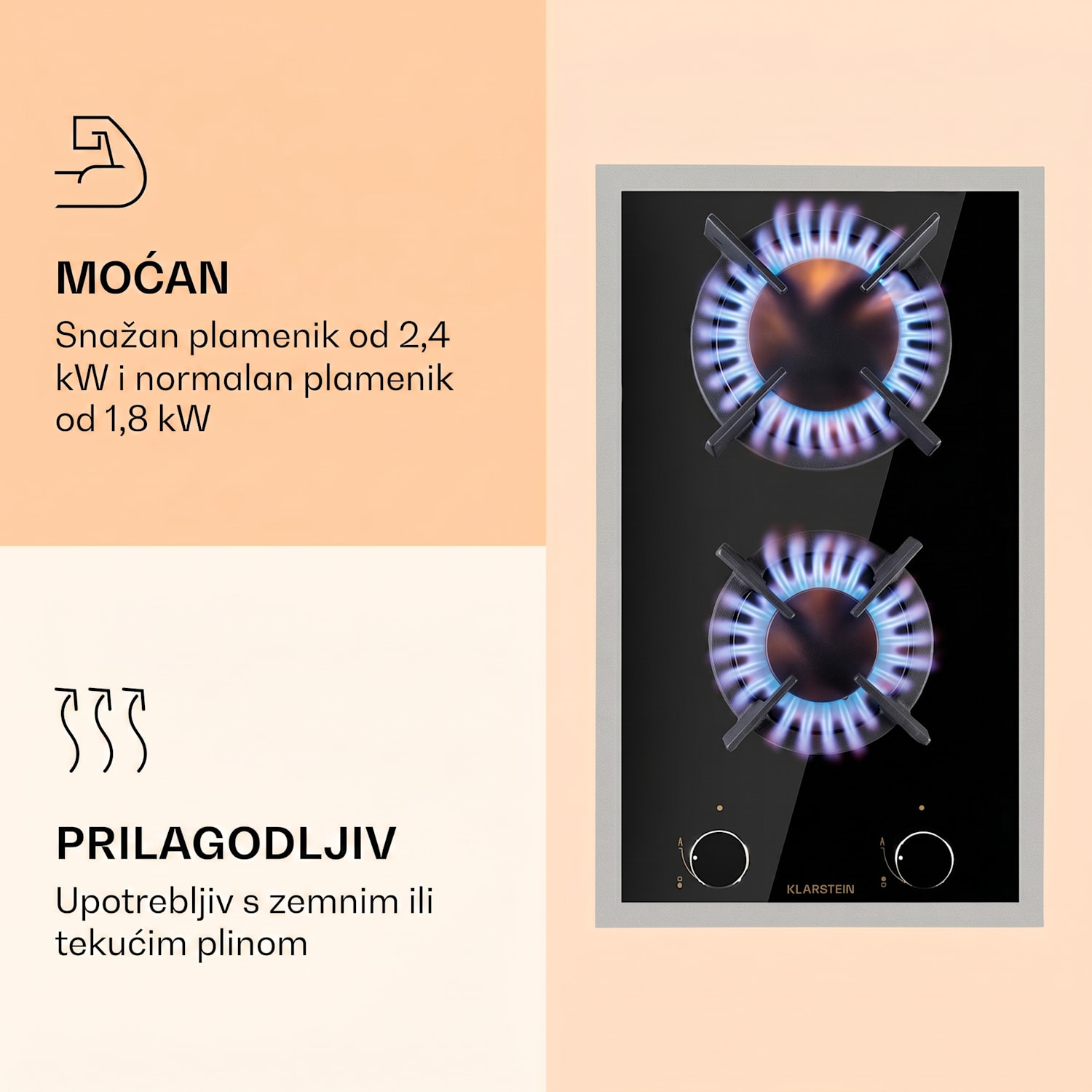 Goldflame 2, plinska ploča za kuhanje, 2 mjedena plamenika, staklokeramika 30 cm | Staklo | Crna