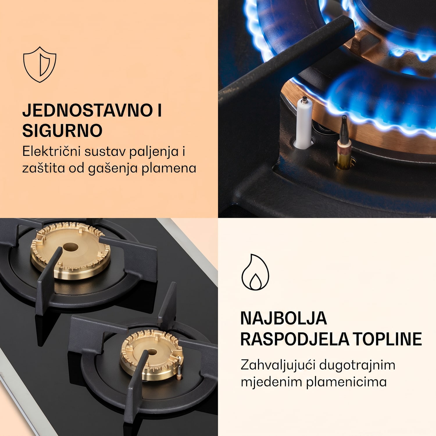 Goldflame 2, plinska ploča za kuhanje, 2 mjedena plamenika, staklokeramika 30 cm | Staklo | Crna