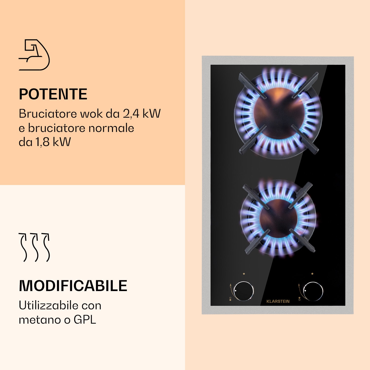 Goldflame Domino Prime - Piano cottura a gas a 2 fuochi, bruciatori in ottone, vetroceramica 30 cm | Vetro | Nero