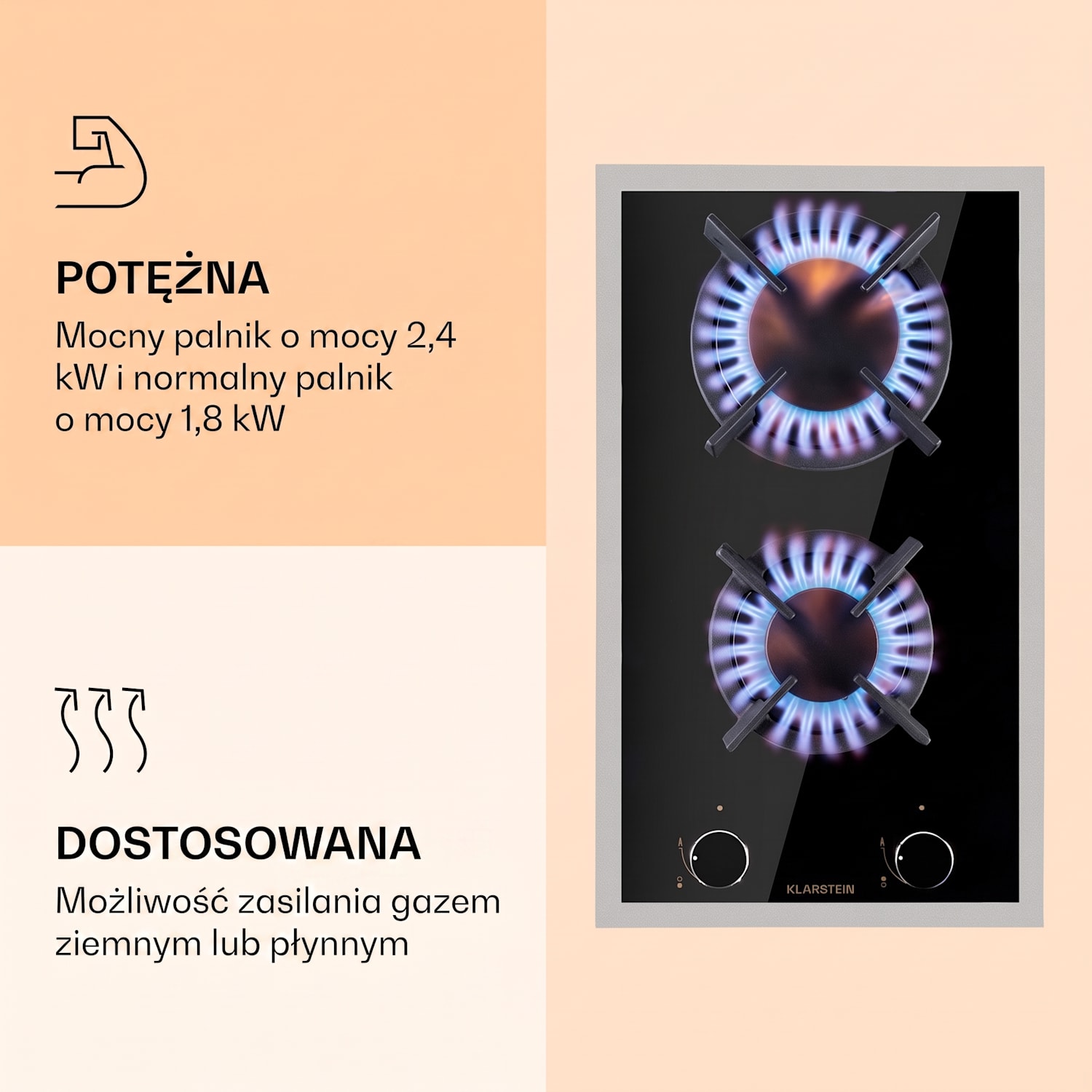 Goldflame Domino Prime, płyta gazowa, 2 palniki z mosiądzu, szkło ceramiczne 30 cm | Szkło | Czarny