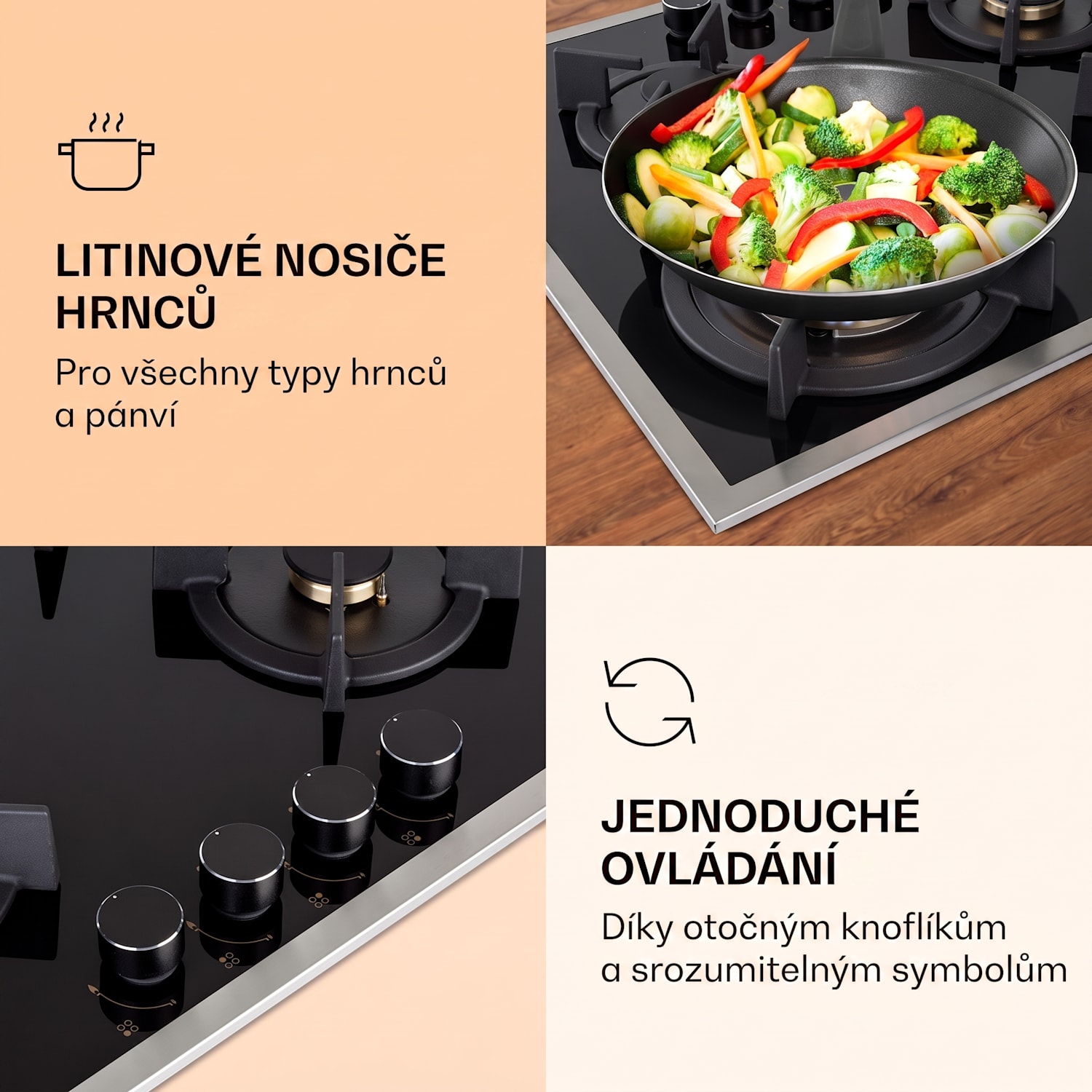 Goldflame 4 Prime, plynová varná deska, 4 hořáky Messing, sklokeramika 60 cm | Sklo | Černá