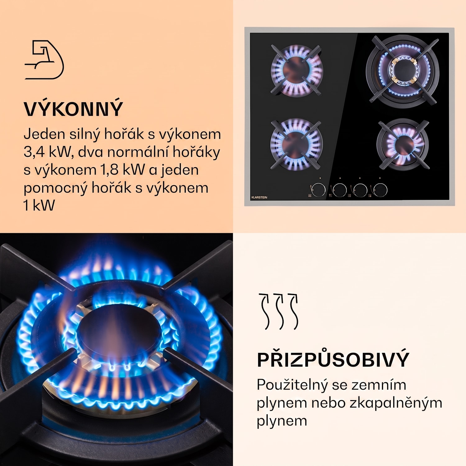 Goldflame 4 Prime, plynová varná deska, 4 hořáky Messing, sklokeramika 60 cm | Sklo | Černá