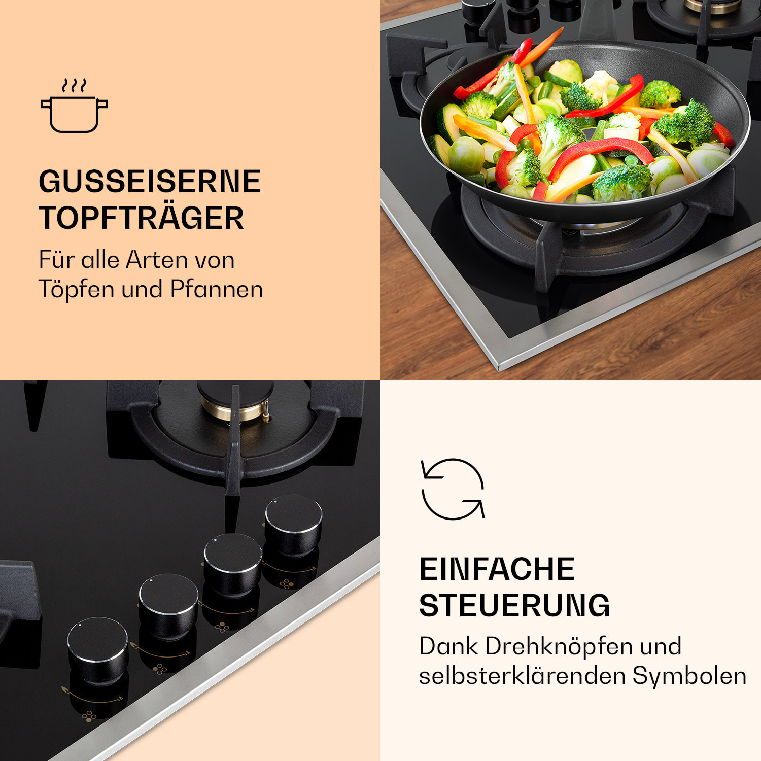 Goldflame Domino 4 Prime Gaskochfeld 4-flammig Messing-Brenner Glaskeramik 60 cm | Glas | Schwarz