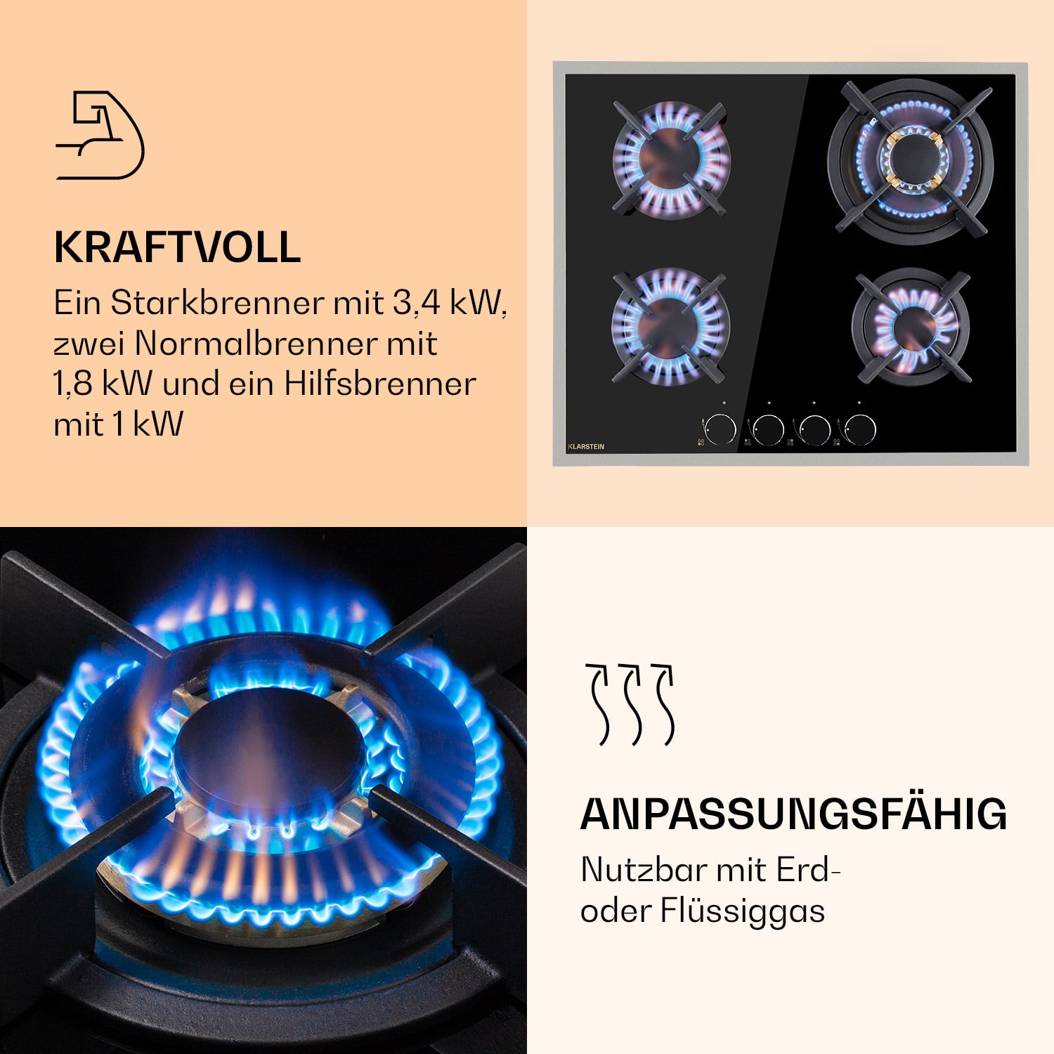 Goldflame Domino 4 Prime Gaskochfeld 4-flammig Messing-Brenner Glaskeramik 60 cm | Glas | Schwarz