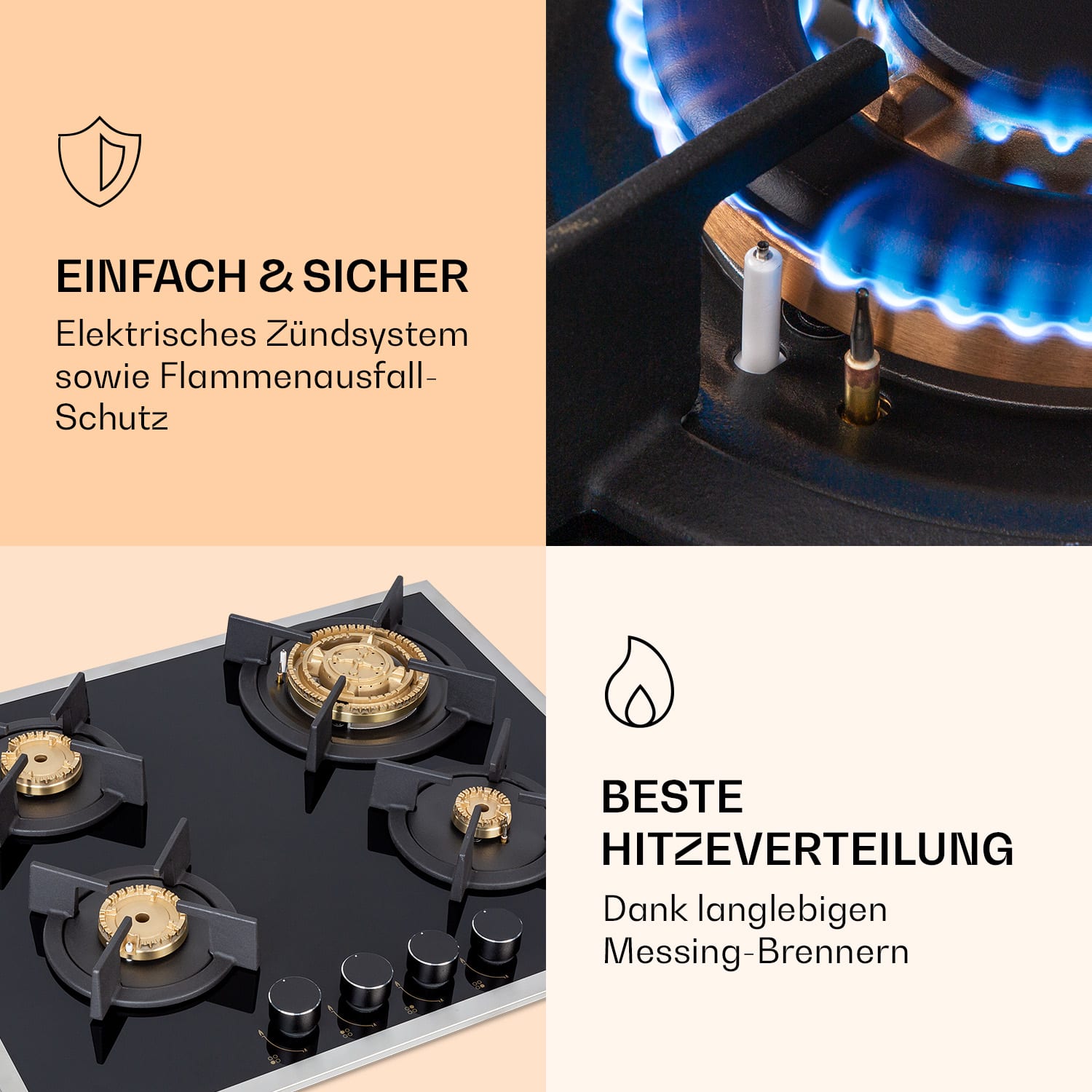Goldflame Domino 4 Prime Gaskochfeld 4-flammig Messing-Brenner Glaskeramik 60 cm | Glas | Schwarz