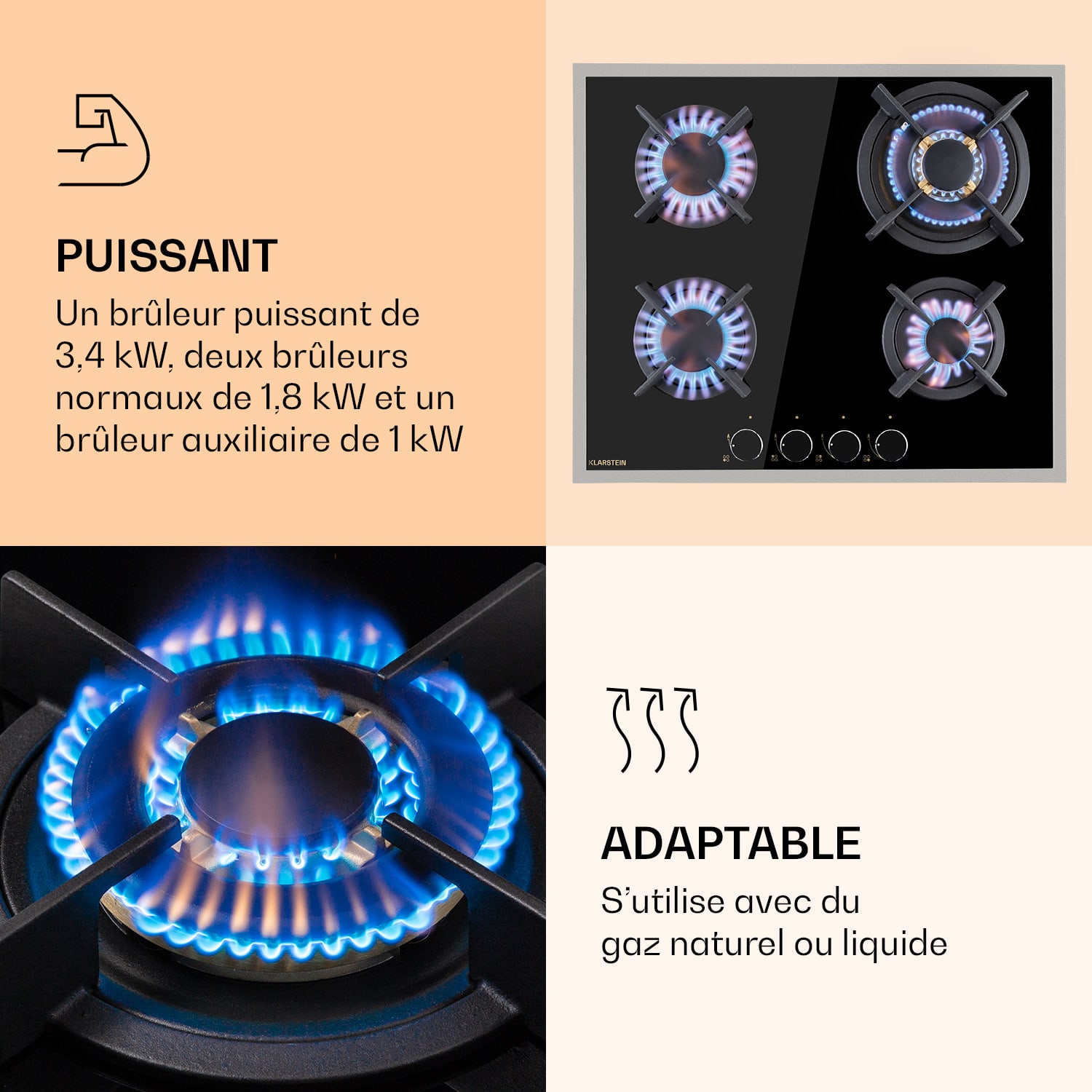 Goldflame Domino 4 Prime gaskookplaat 4 pits messing brander glaskeramiek 60 cm | Glas | Zwart