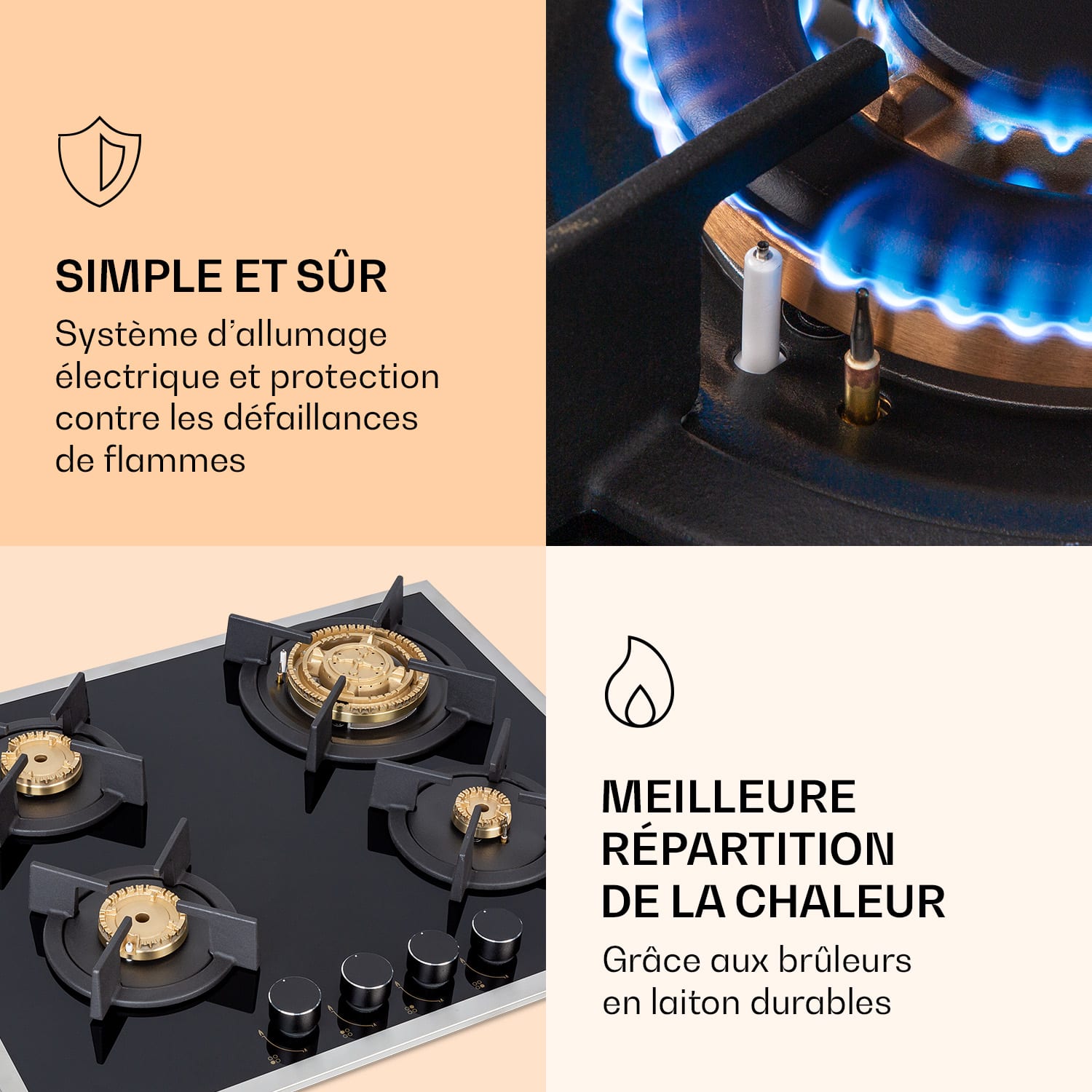 Goldflame Domino 4 Prime gaskookplaat 4 pits messing brander glaskeramiek 60 cm | Glas | Zwart