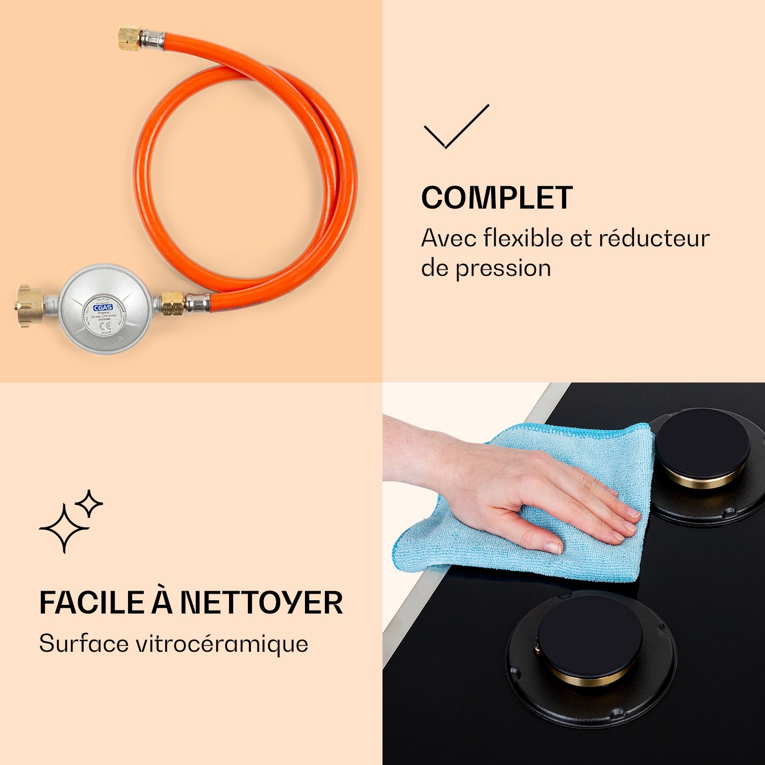 Goldflame Domino 4 Prime gaskookplaat 4 pits messing brander glaskeramiek 60 cm | Glas | Zwart