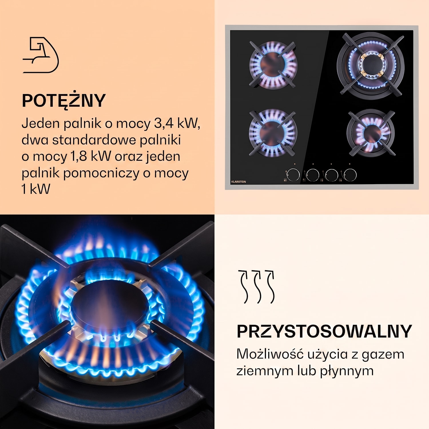 Goldflame Domino 4 Prime, płyta gazowa, 4 palniki z mosiądzu, szkło ceramiczne 60 cm | Szkło | Czarny