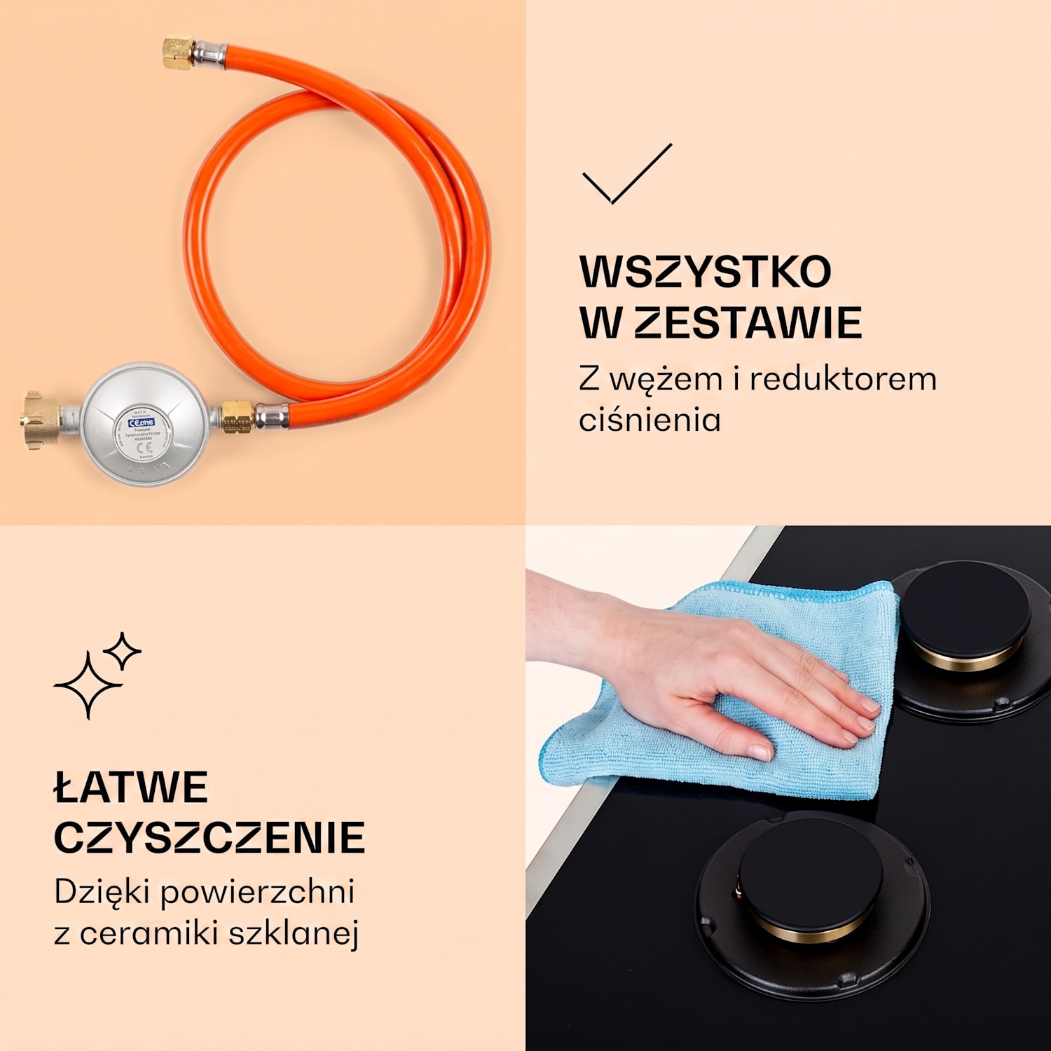 Goldflame Domino 4 Prime, płyta gazowa, 4 palniki z mosiądzu, szkło ceramiczne 60 cm | Szkło | Czarny