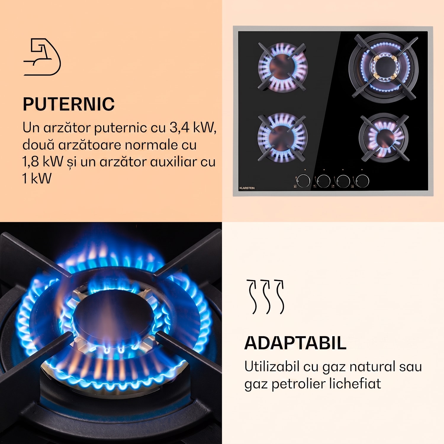 Goldflame 4 Prime, plită pe gaz, 4 arzătoare, arzătoare Messing, sticlă ceramică 60 cm | Sticlă | Negru