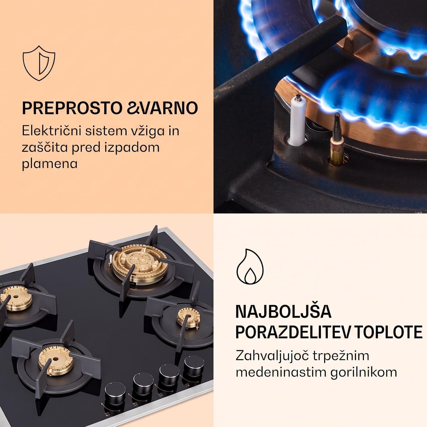 Goldflame 4 Prime, plinska kuhalna plošča, 4 gorilniki, gorilniki Messing, steklokeramika 60 cm | Steklo | Črna