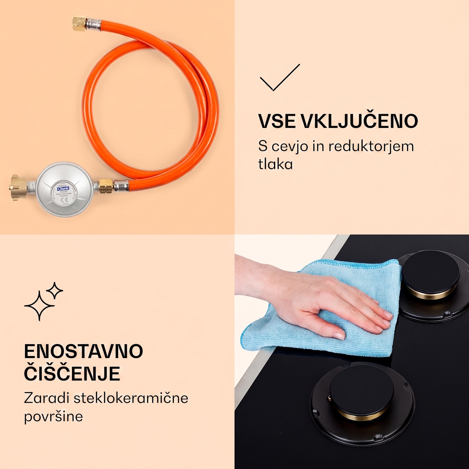 Goldflame 4 Prime, plinska kuhalna plošča, 4 gorilniki, gorilniki Messing, steklokeramika 60 cm | Steklo | Črna